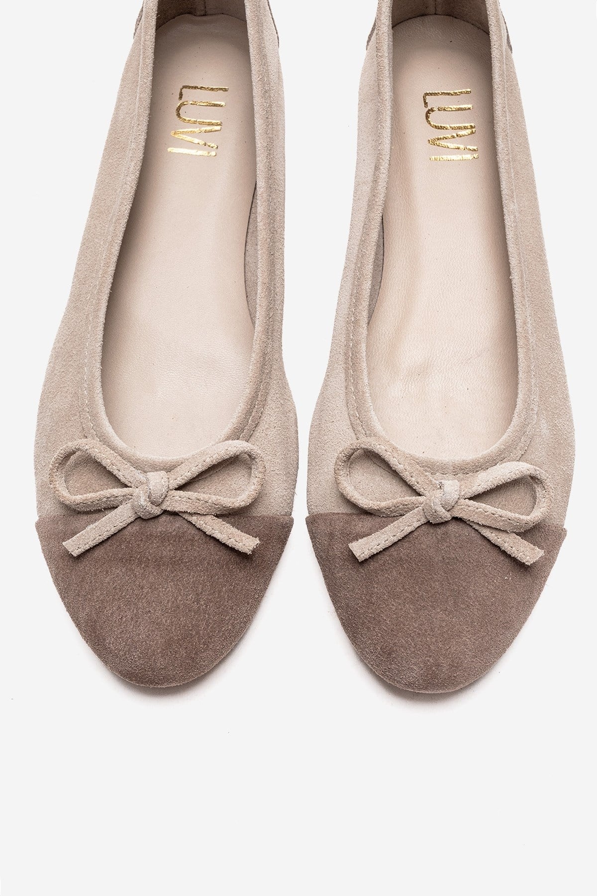 BOLEO - Beige/Taupe Genuine Leather Ballet Flat – side view showing bow, leather, Vowalisse