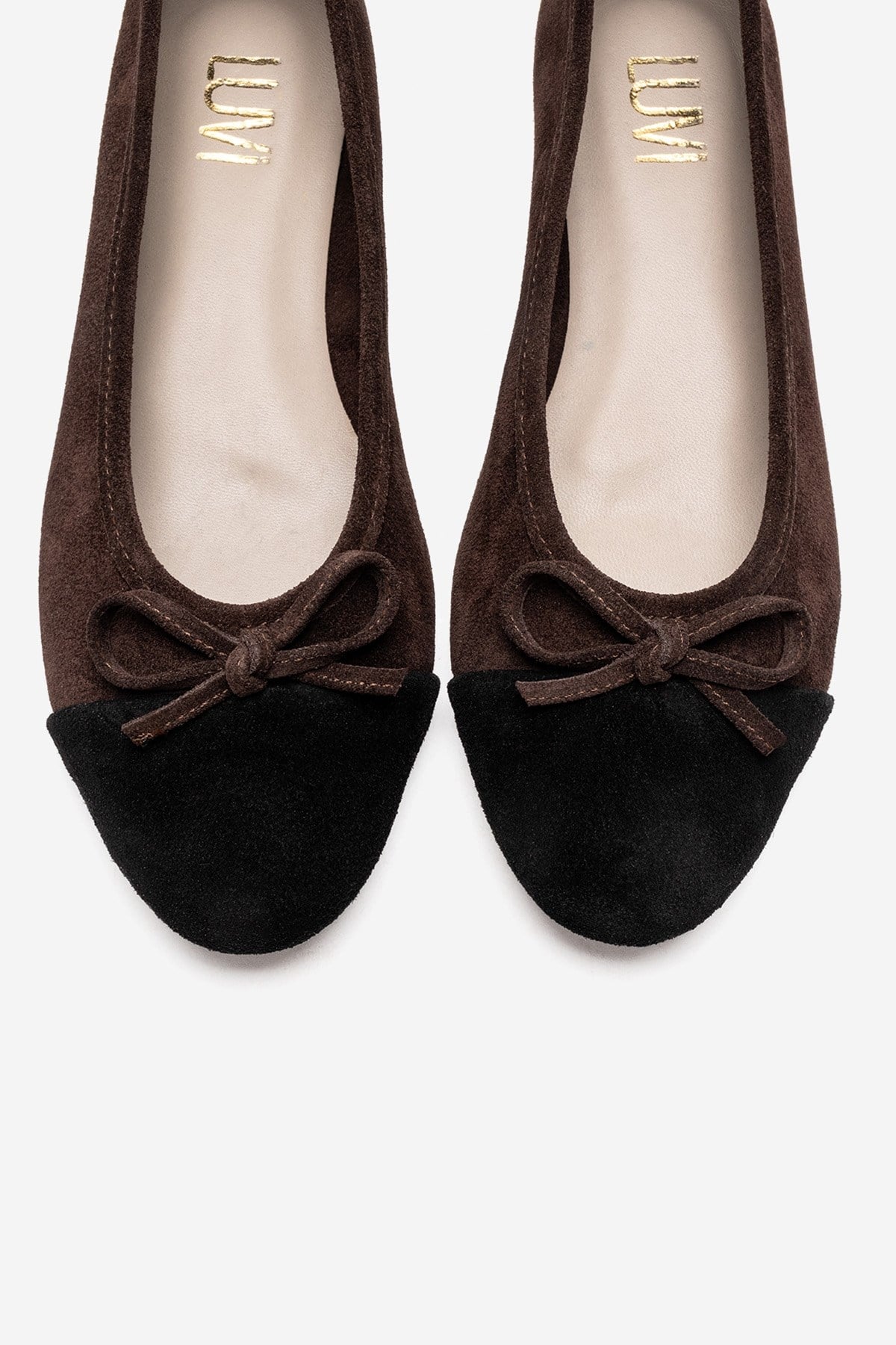 BOLEO - Brown/Black Genuine Leather Ballet Flat – side view showing bow, leather, black, Vowalisse