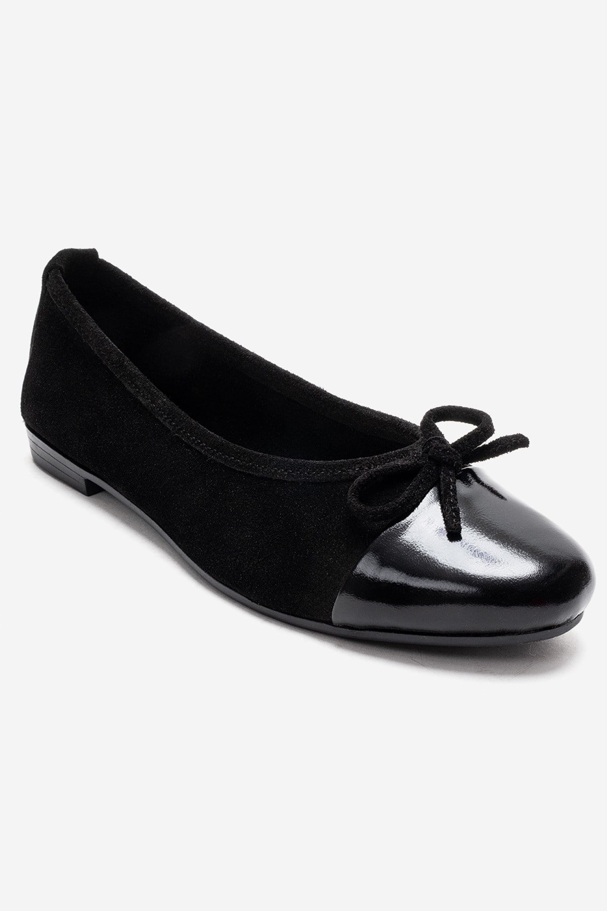 BOLEO - Black Genuine Leather Ballet Flat – detail view showing leather, suede, black, Vowalisse
