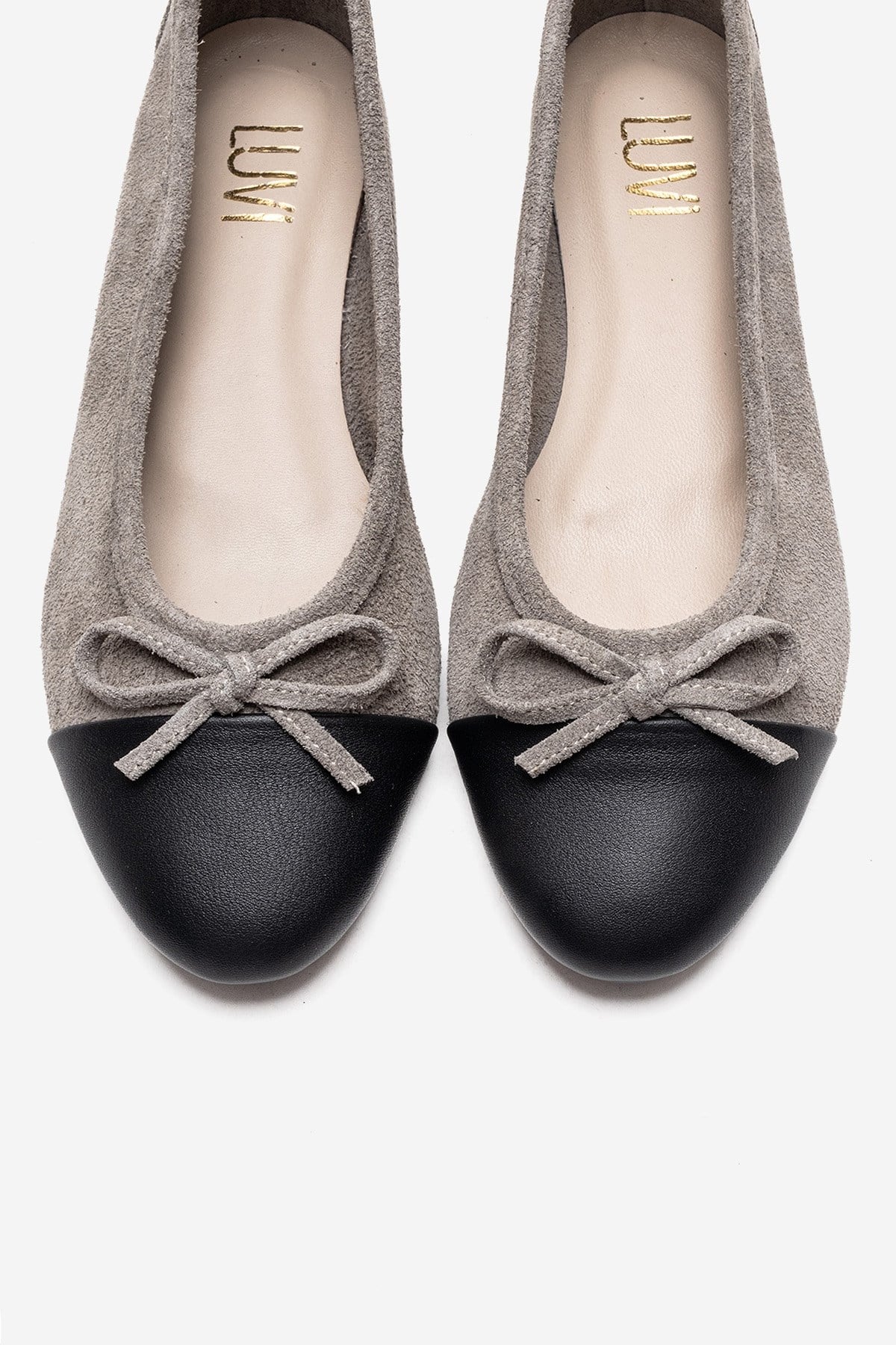 BOLEO - Gray Genuine Leather Ballet Flat – side view showing bow, leather, suede, Vowalisse