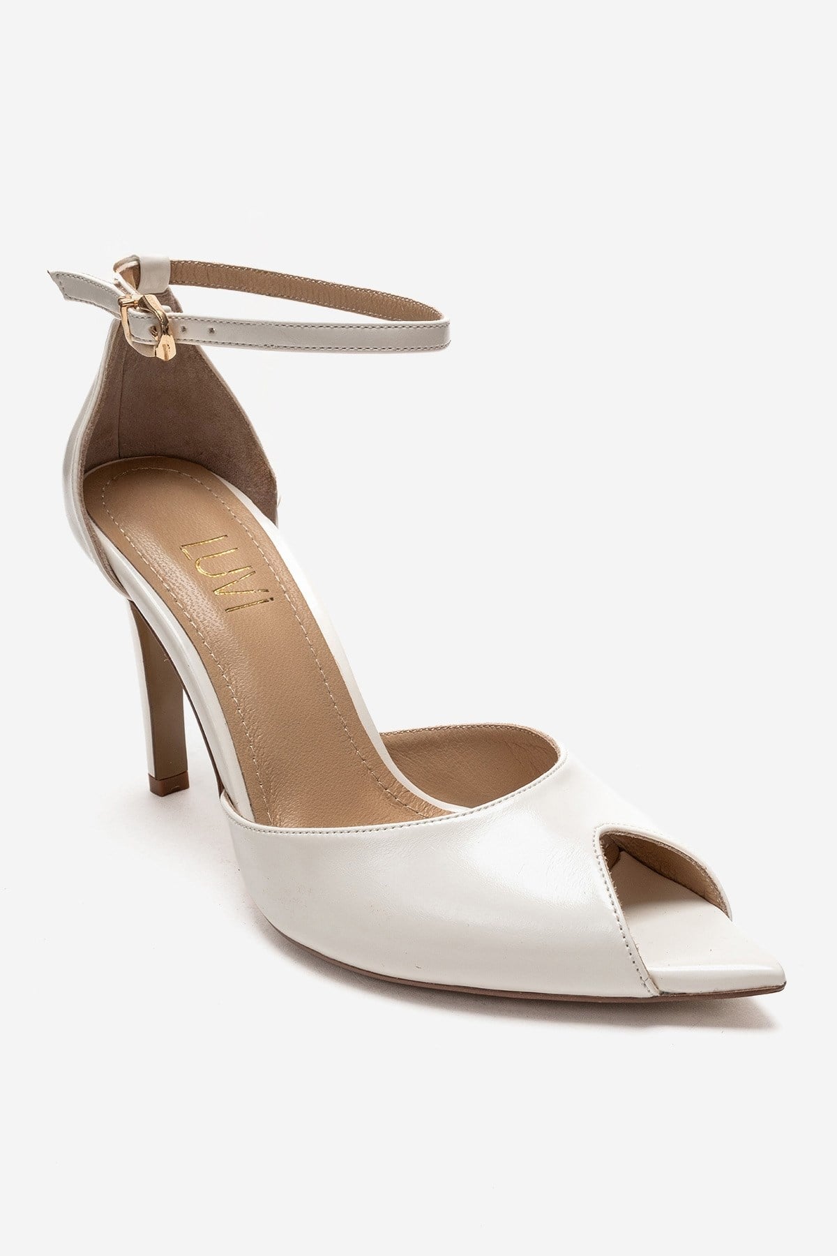 DONA - Off-White Stiletto Pump – detail view showing leather, white, Vowalisse