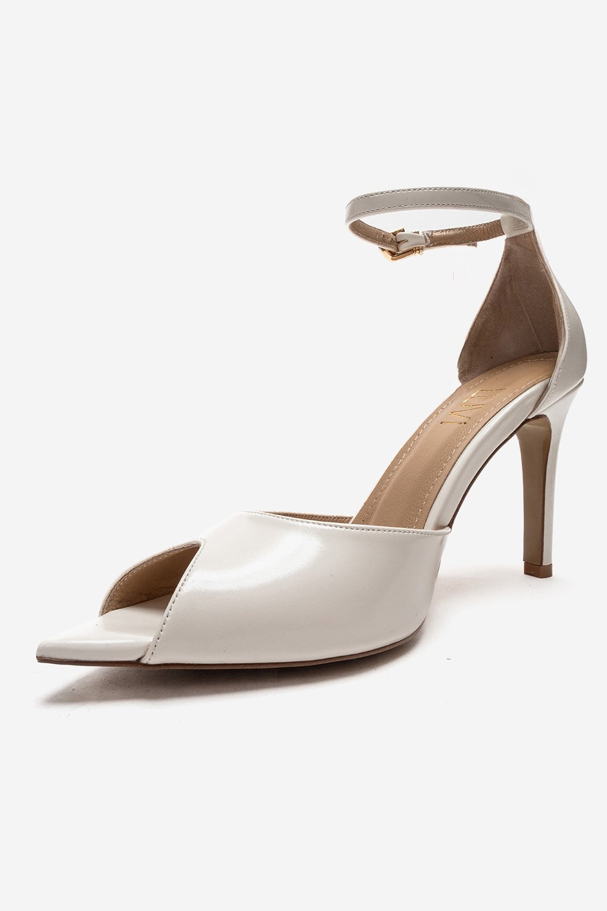 DONA - Off-White Stiletto Pump – top view showing leather, white, Vowalisse