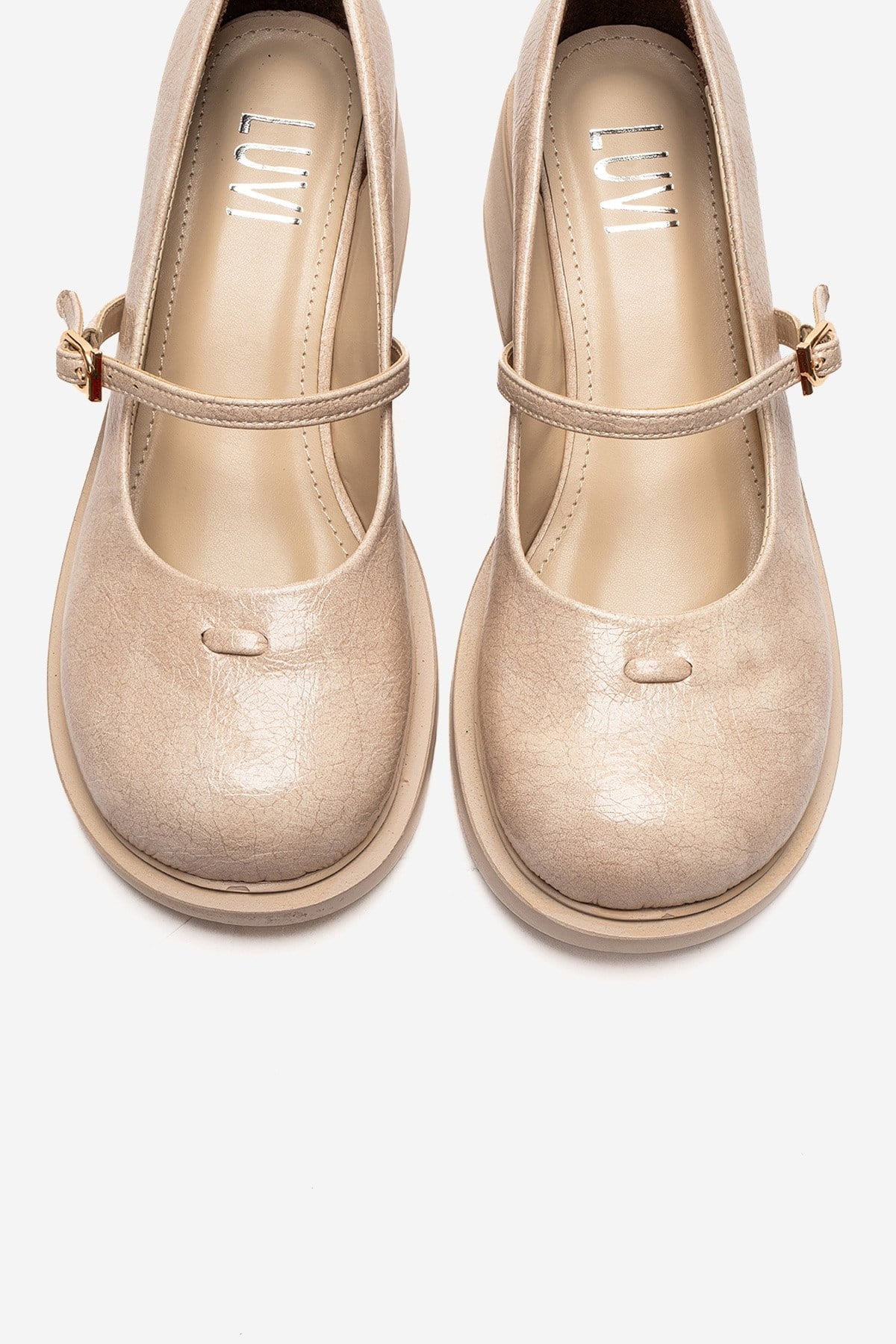 LUANDA - Beige Genuine Leather Block Heel Mary Jane – side view showing leather, Vowalisse