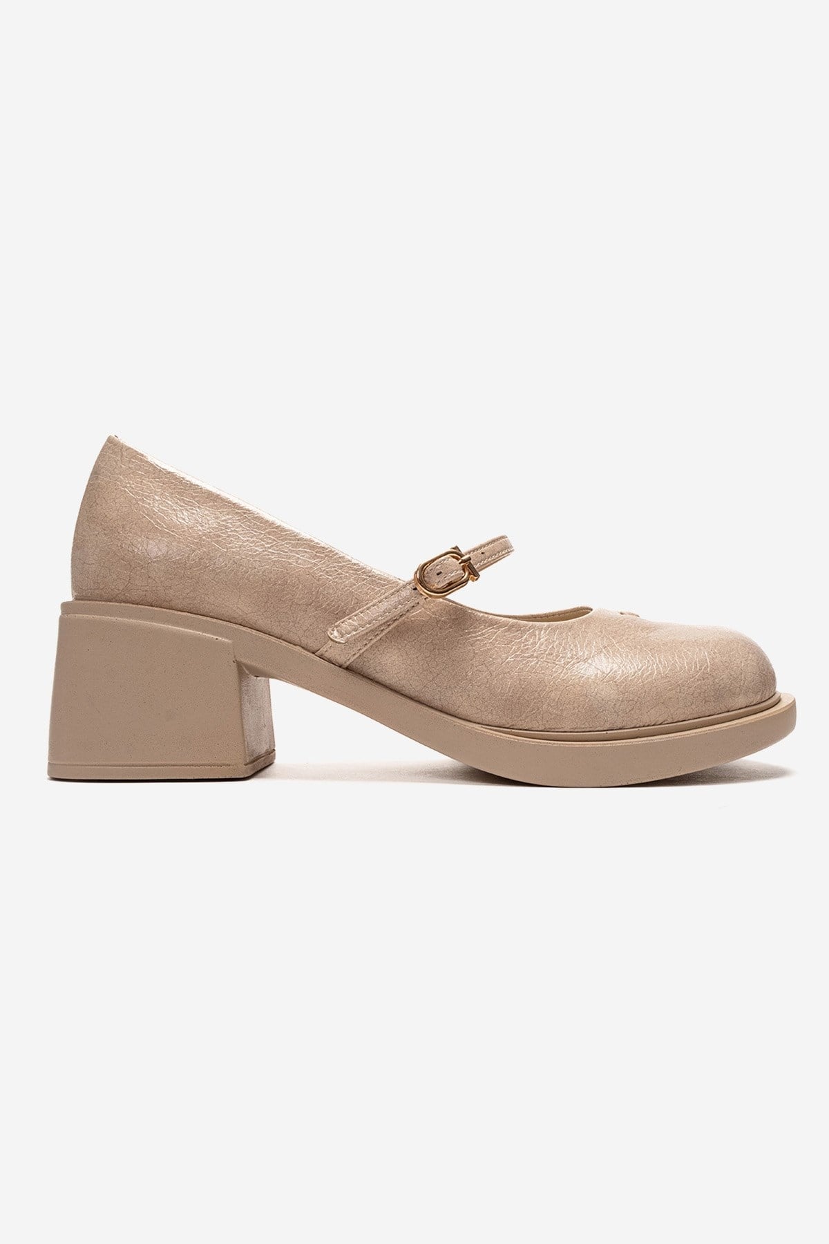 LUANDA - Beige Genuine Leather Block Heel Mary Jane – heel view showing leather, Vowalisse