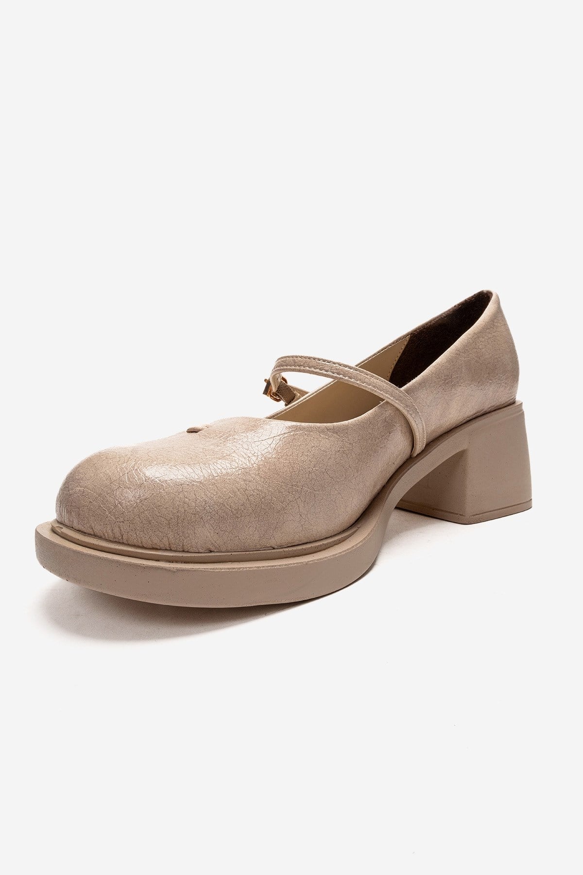 LUANDA - Beige Genuine Leather Block Heel Mary Jane – top view showing leather, Vowalisse