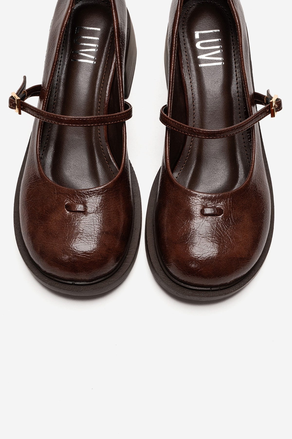 LUANDA - Cognac Genuine Leather Block Heel Mary Jane – side view showing leather, Vowalisse