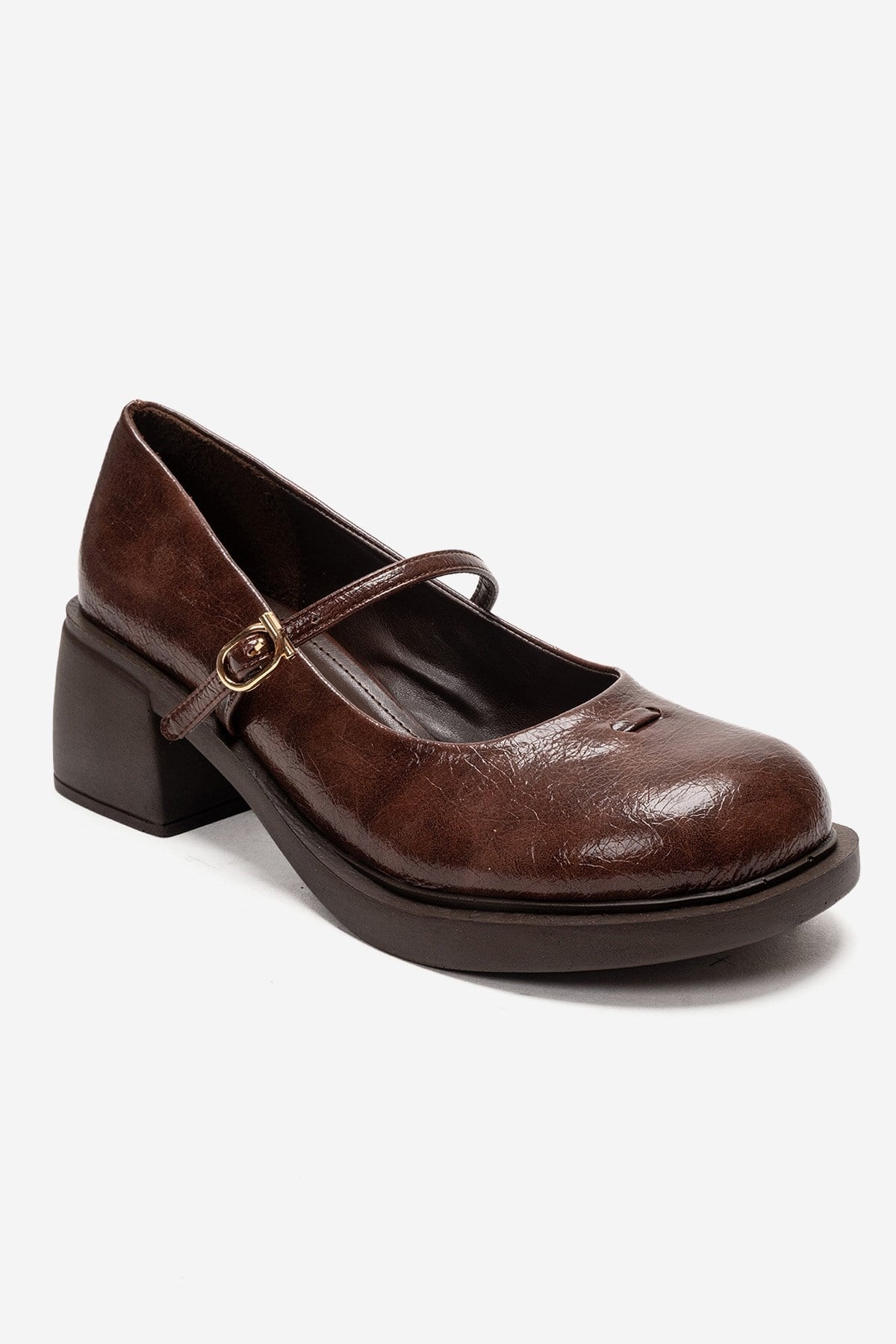 LUANDA - Cognac Genuine Leather Block Heel Mary Jane – detail view showing leather, Vowalisse