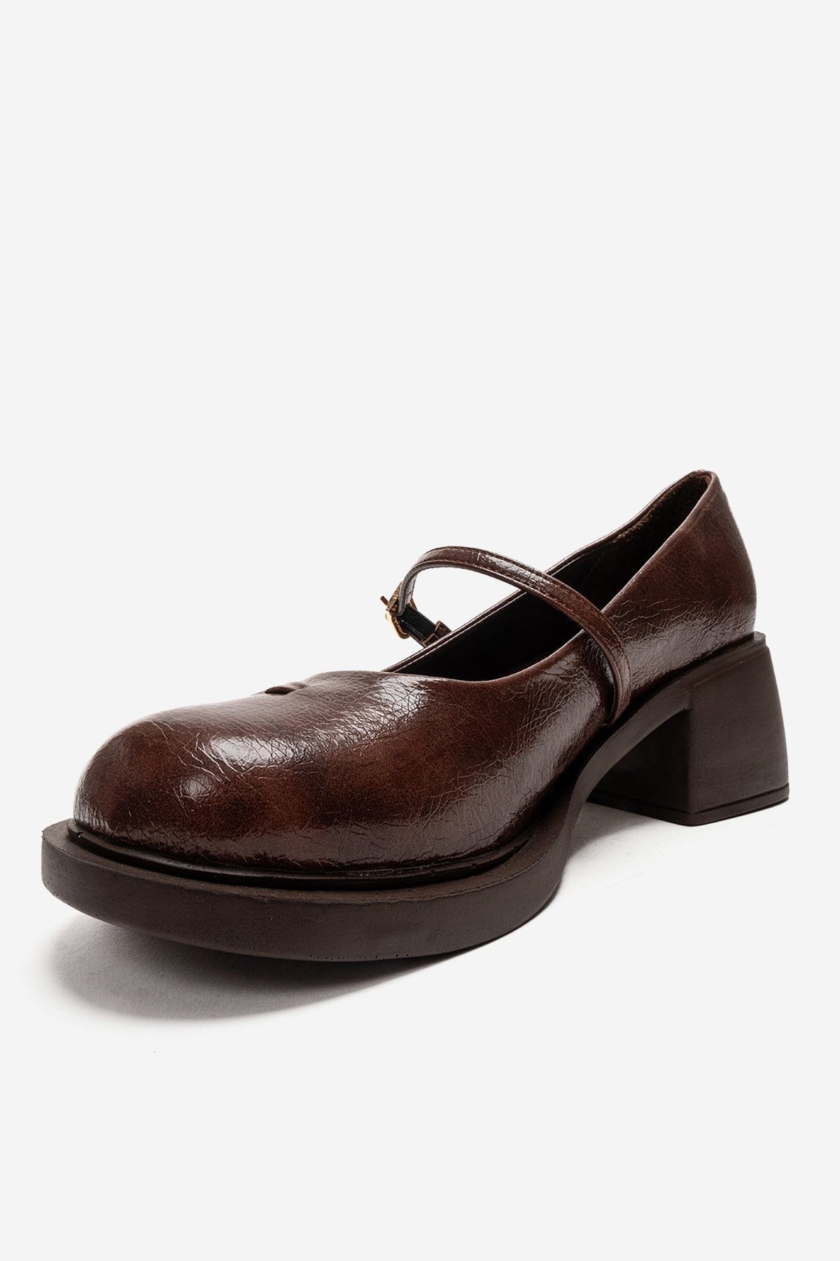 LUANDA - Cognac Genuine Leather Block Heel Mary Jane – top view showing leather, Vowalisse
