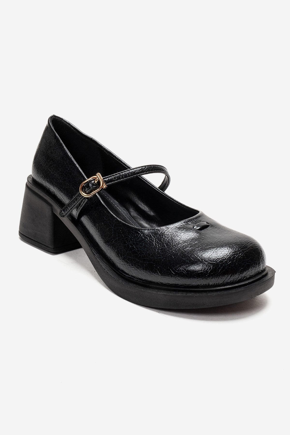 LUANDA - Black Genuine Leather Block Heel Mary Jane – detail view showing leather, black, Vowalisse