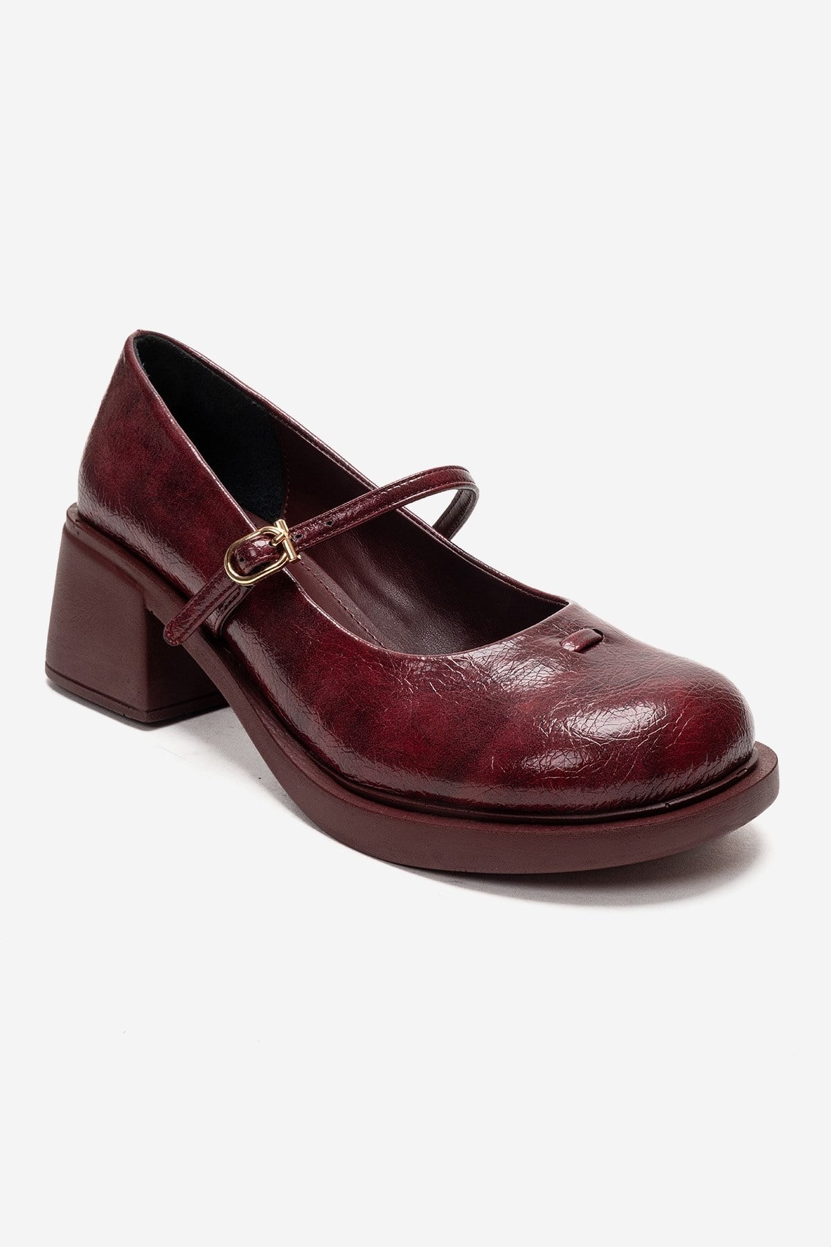 LUANDA - Burgundy Genuine Leather Block Heel Mary Jane – detail view showing leather, Vowalisse