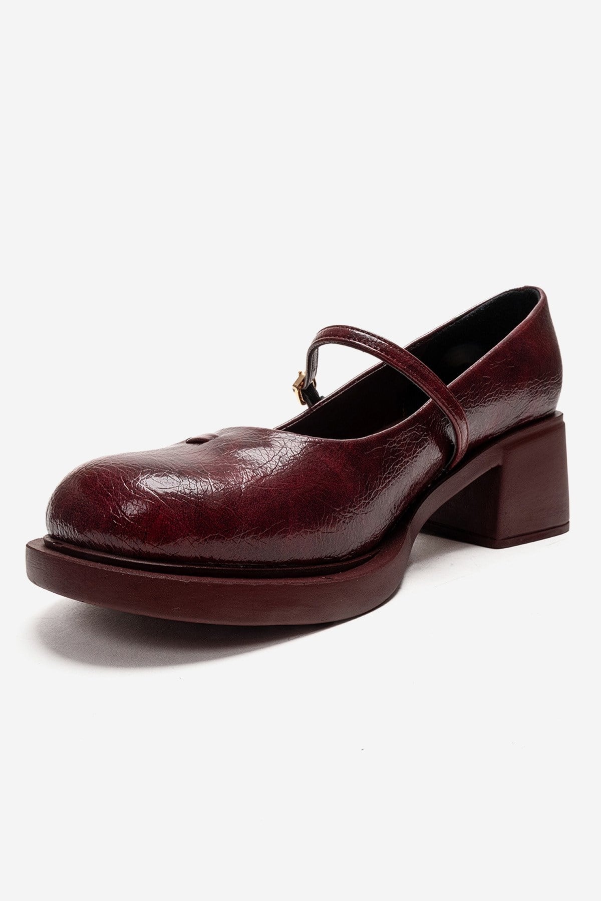 LUANDA - Burgundy Genuine Leather Block Heel Mary Jane – top view showing leather, Vowalisse