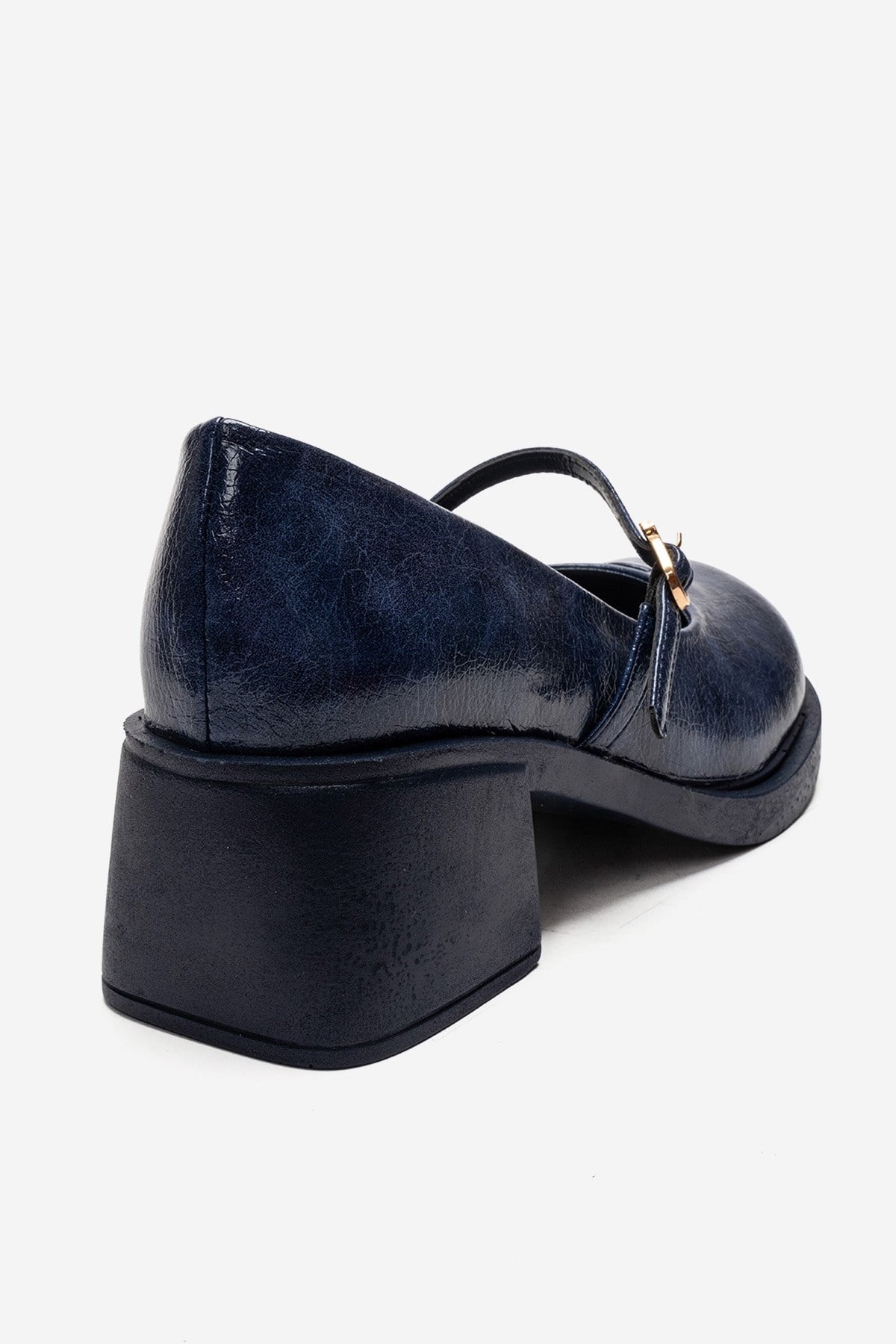 LUANDA - Navy Block Heel Mary Jane Shoe – back view showing leather, Vowalisse