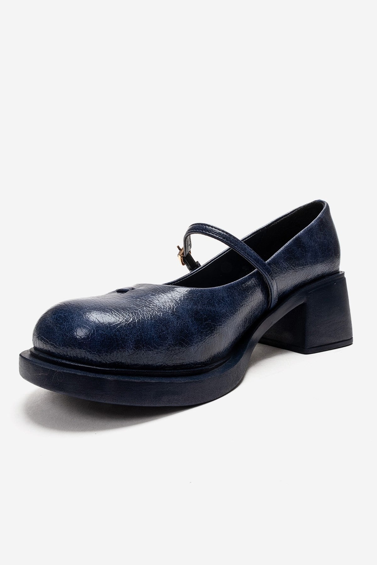 LUANDA - Navy Block Heel Mary Jane Shoe – top view showing leather, Vowalisse