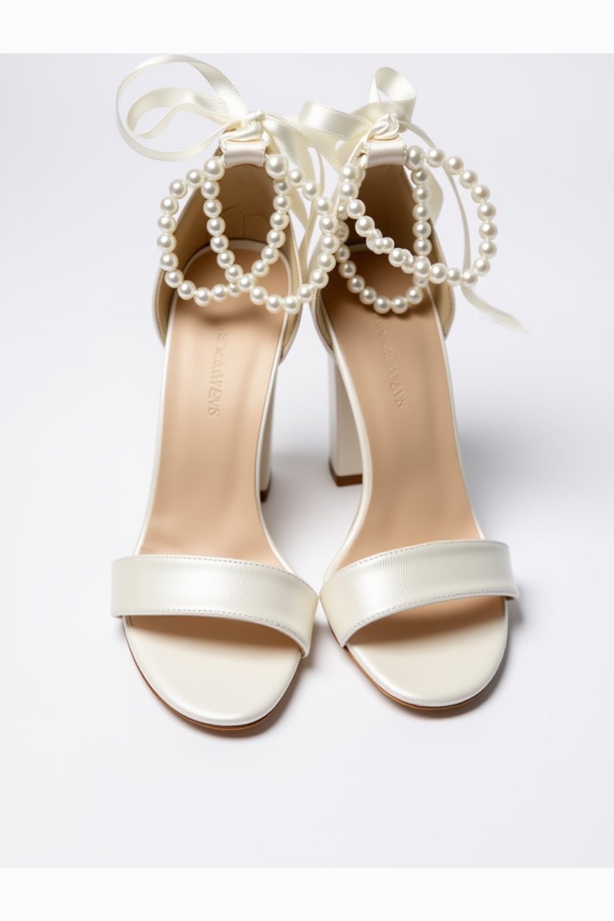 Caelis Pearl Block Heels Bridal Shoes – heel view showing pearl, Vowalisse