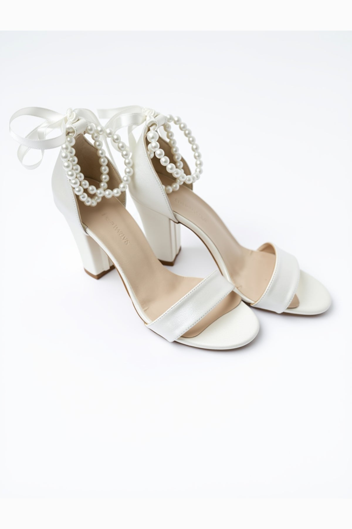 Caelis Pearl Block Heels Bridal Shoes – back view showing pearl, Vowalisse