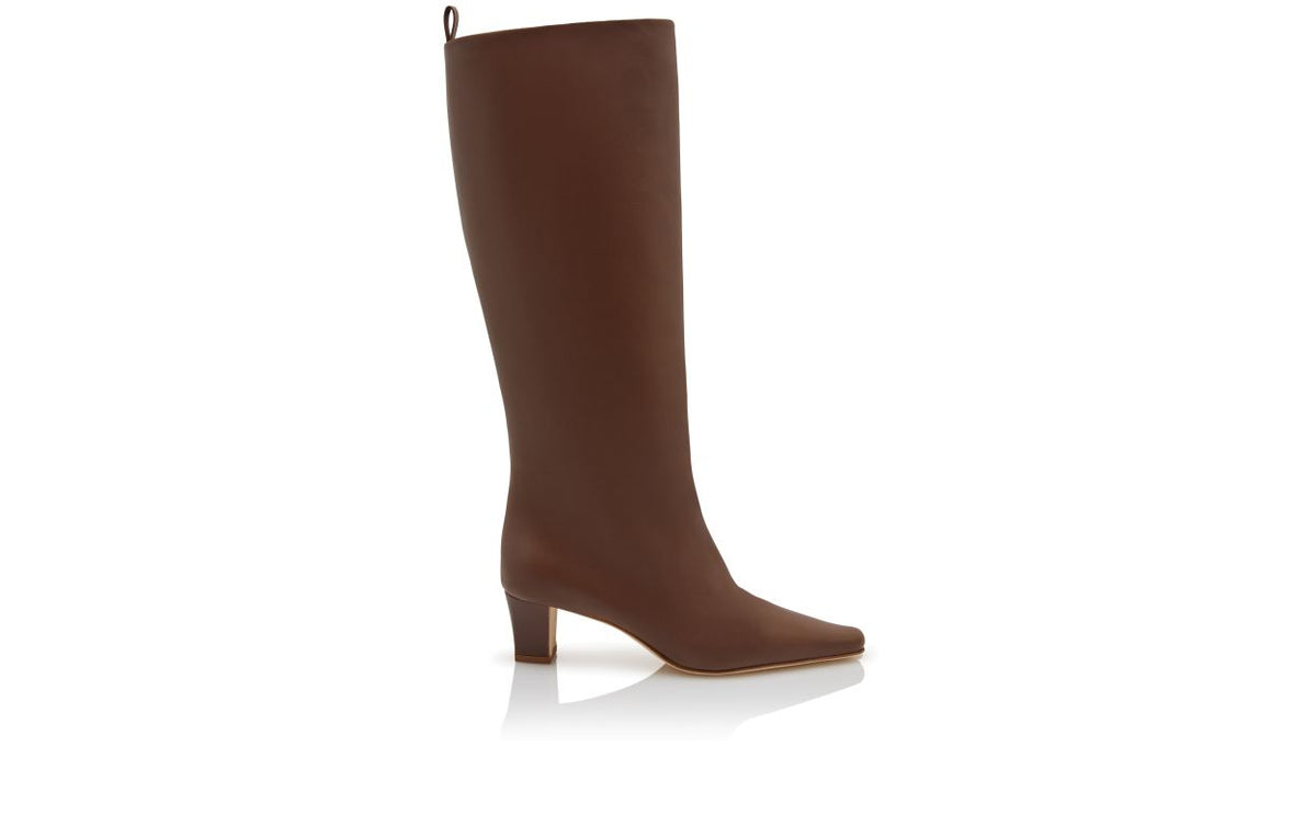 Seraphina Velvet Brown Almond Toe Knee-High Boots – side profile showing brown almond toe, Vowalisse
