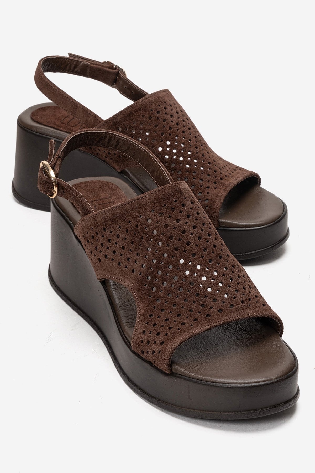 Jadira - Brown Genuine Leather Wedge Heel Sandal – front three-quarter view showing leather, suede, Vowalisse