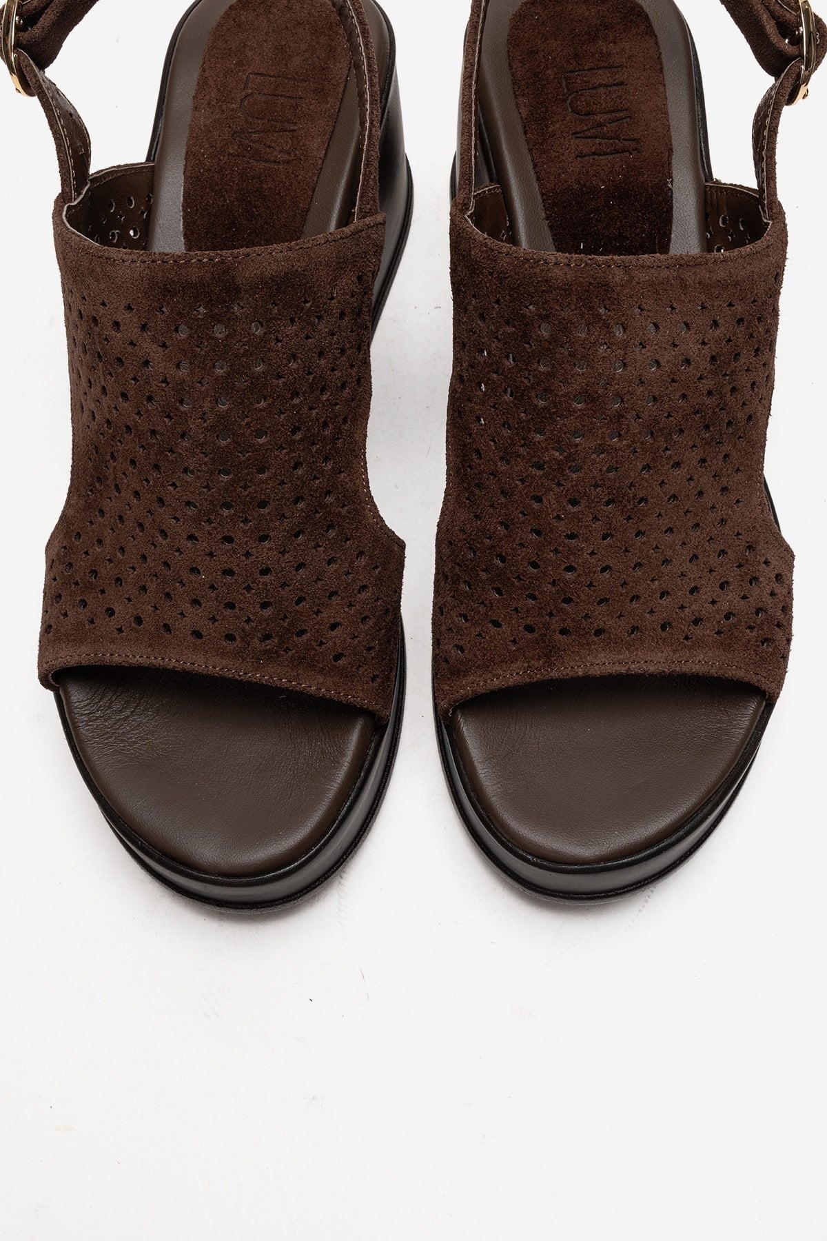 Jadira - Brown Genuine Leather Wedge Heel Sandal – side view showing leather, suede, Vowalisse