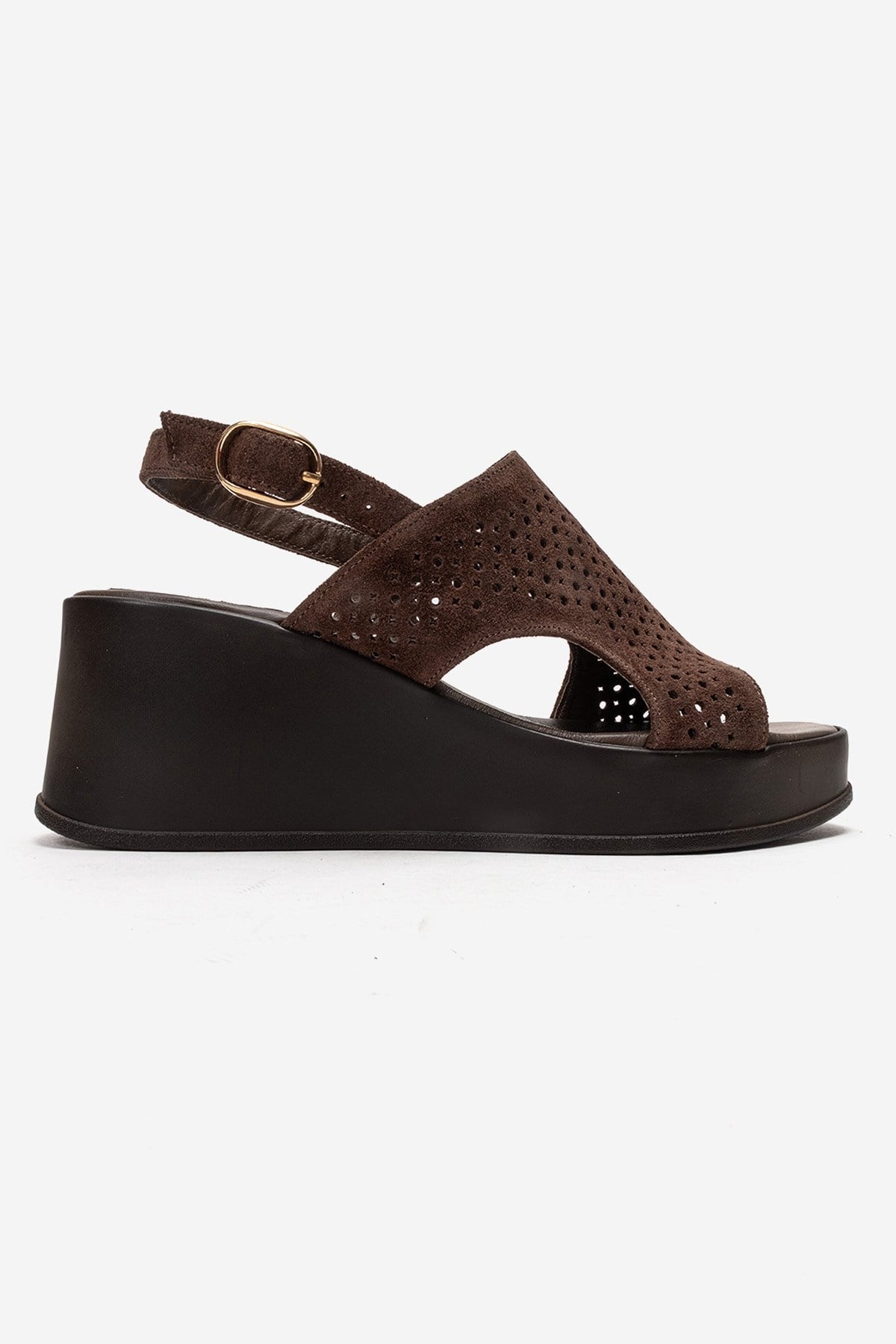 Jadira - Brown Genuine Leather Wedge Heel Sandal – heel view showing leather, suede, Vowalisse
