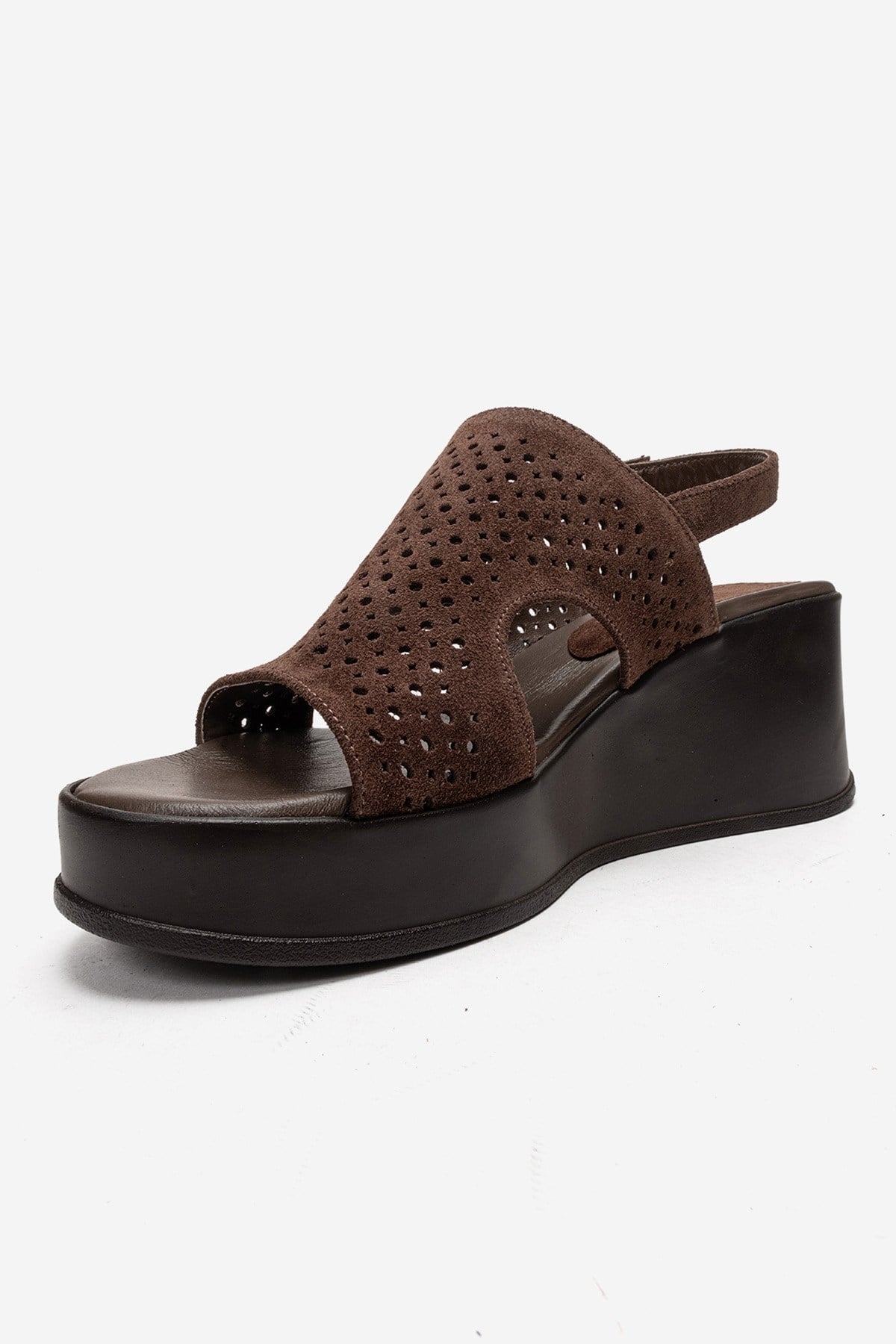Jadira - Brown Genuine Leather Wedge Heel Sandal – top view showing leather, suede, Vowalisse