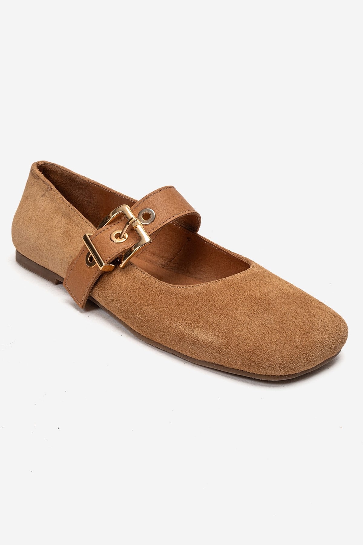 Jonas - Tan Suede Genuine Leather Ballet Flat – detail view showing leather, suede, Vowalisse
