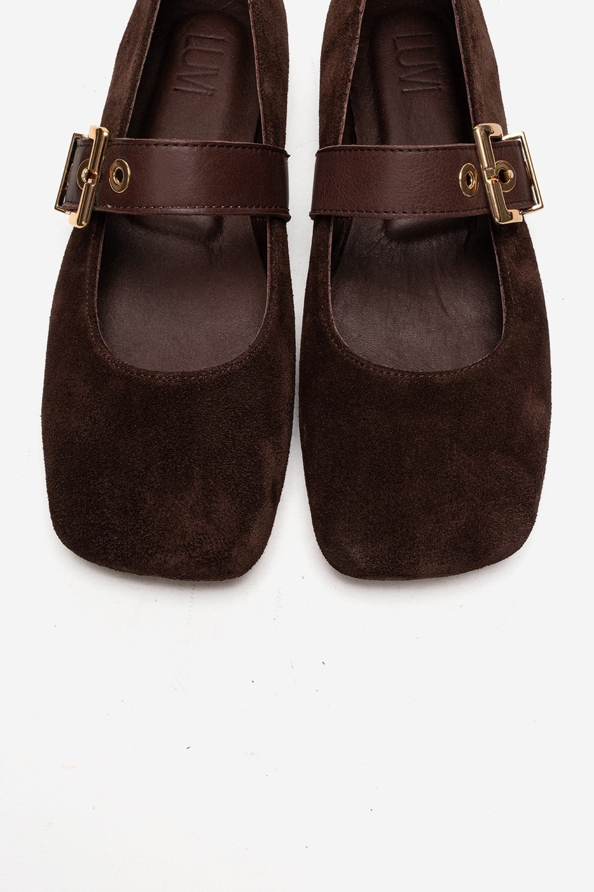Jonas - Brown Suede Genuine Leather Ballet Flat – side view showing leather, suede, gold, Vowalisse