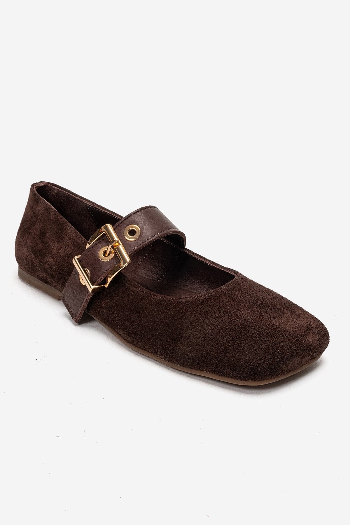 Jonas - Brown Suede Genuine Leather Ballet Flat – detail view showing leather, suede, gold, Vowalisse
