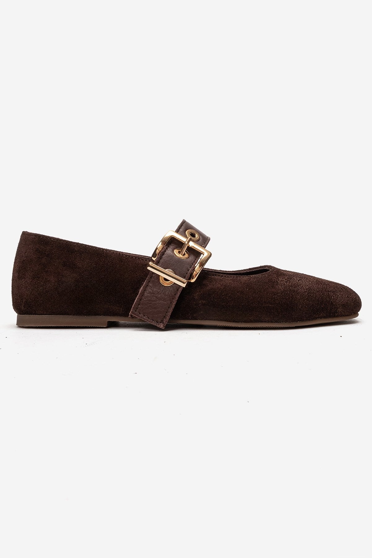 Jonas - Brown Suede Genuine Leather Ballet Flat – heel view showing leather, suede, gold, Vowalisse
