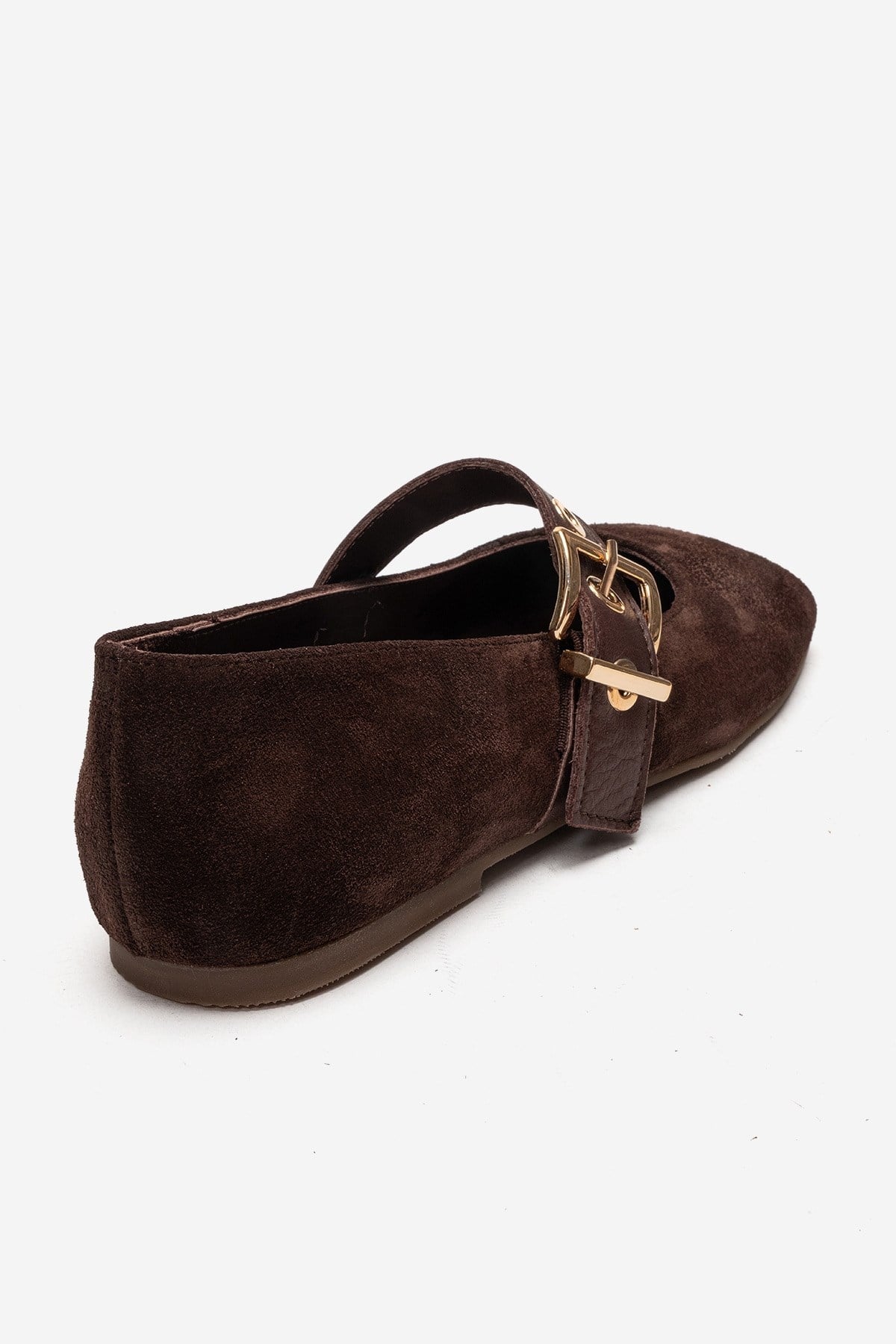 Jonas - Brown Suede Genuine Leather Ballet Flat – back view showing leather, suede, gold, Vowalisse