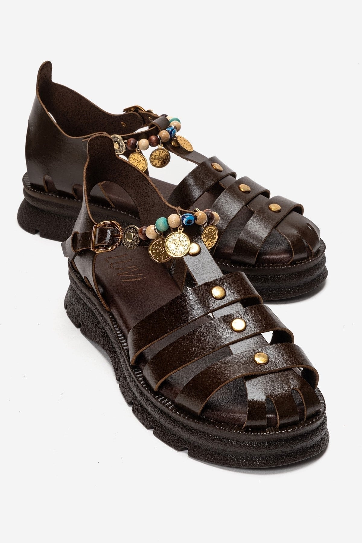 Solis - Brown Genuine Leather Sandal – front three-quarter view showing leather, Vowalisse