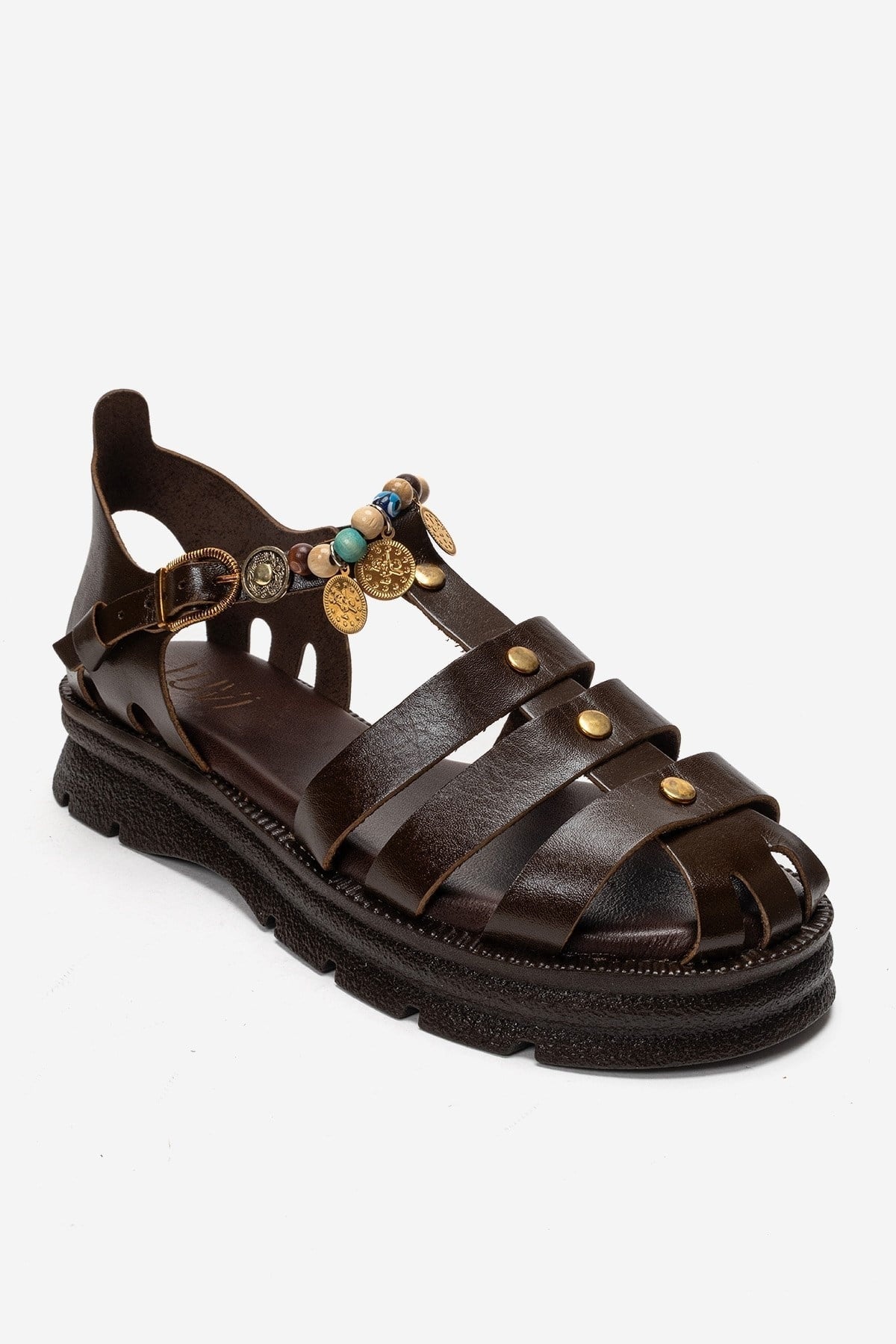 Solis - Brown Genuine Leather Sandal – detail view showing leather, Vowalisse