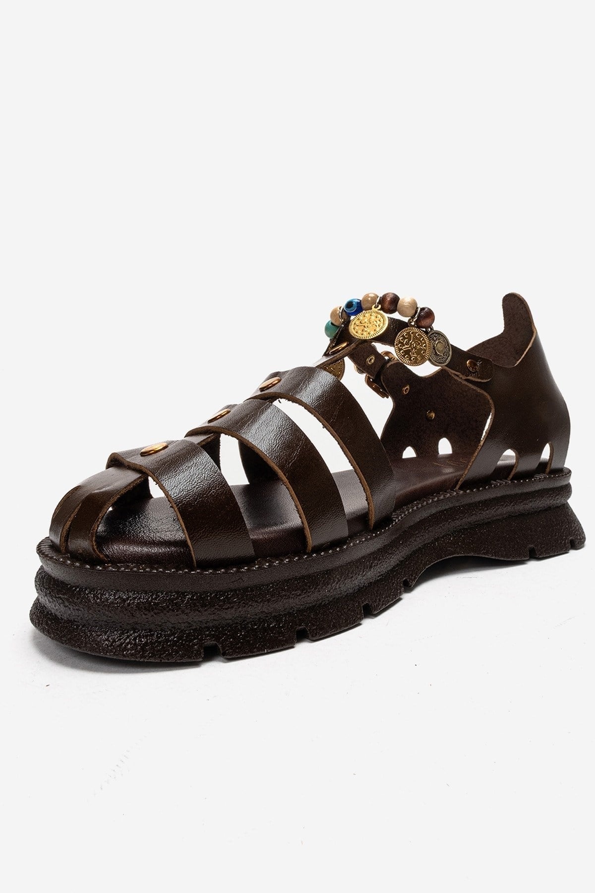 Solis - Brown Genuine Leather Sandal – top view showing leather, Vowalisse