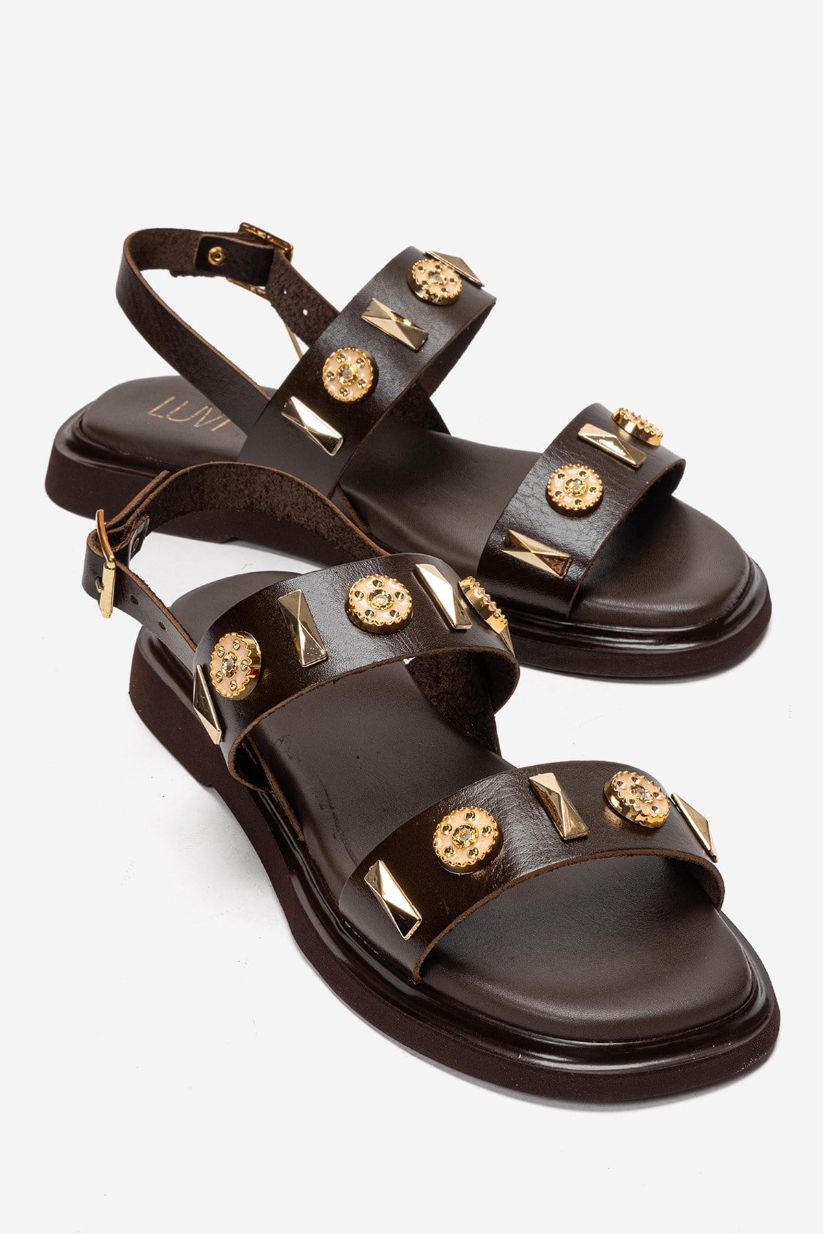 Libera - Brown Genuine Leather Sandal – front three-quarter view showing leather, gold, Vowalisse