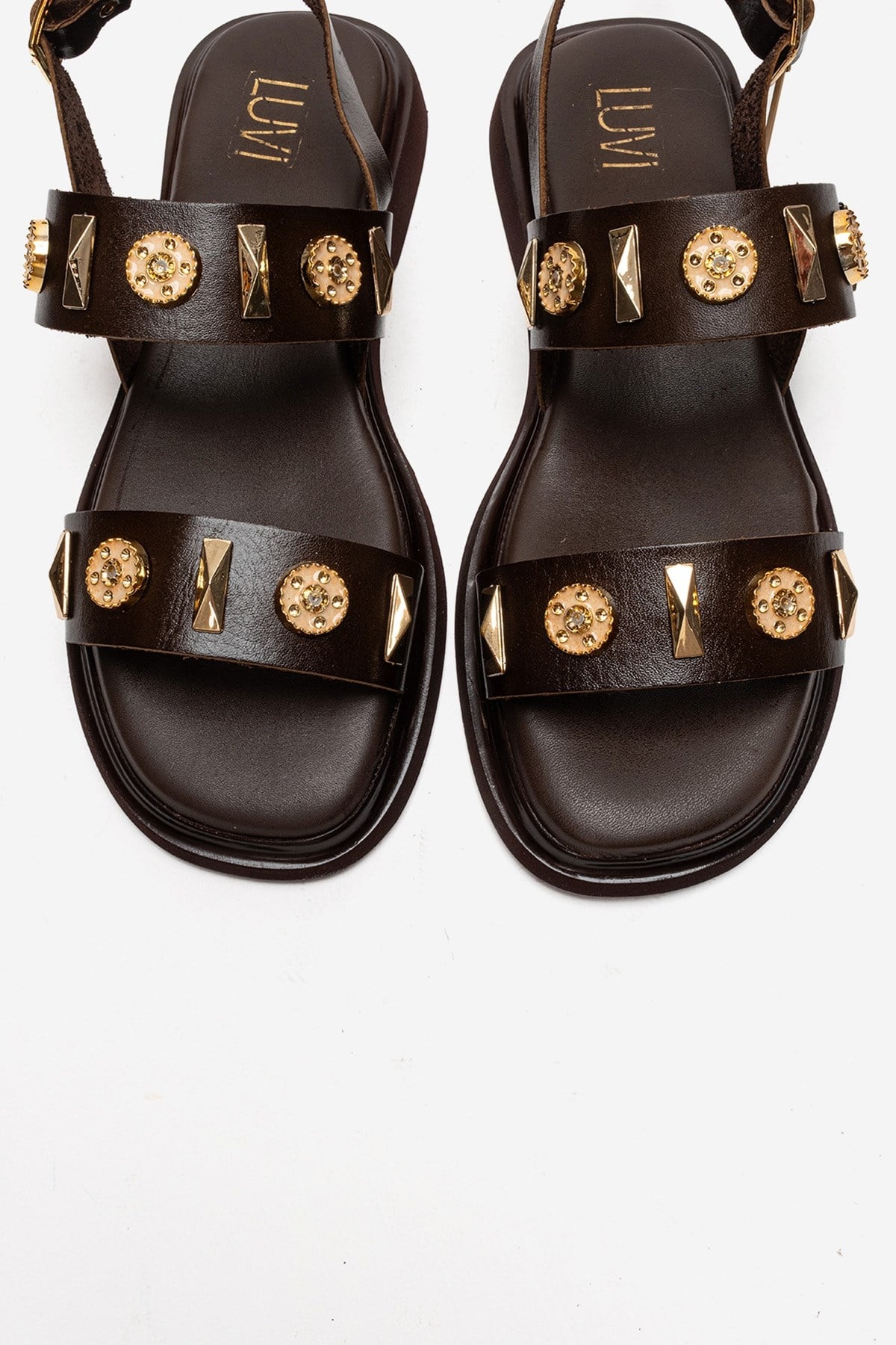 Libera - Brown Genuine Leather Sandal – side view showing leather, gold, Vowalisse