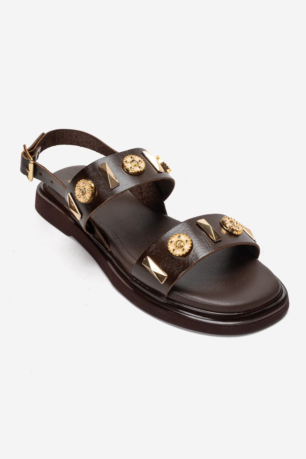 Libera - Brown Genuine Leather Sandal – detail view showing leather, gold, Vowalisse