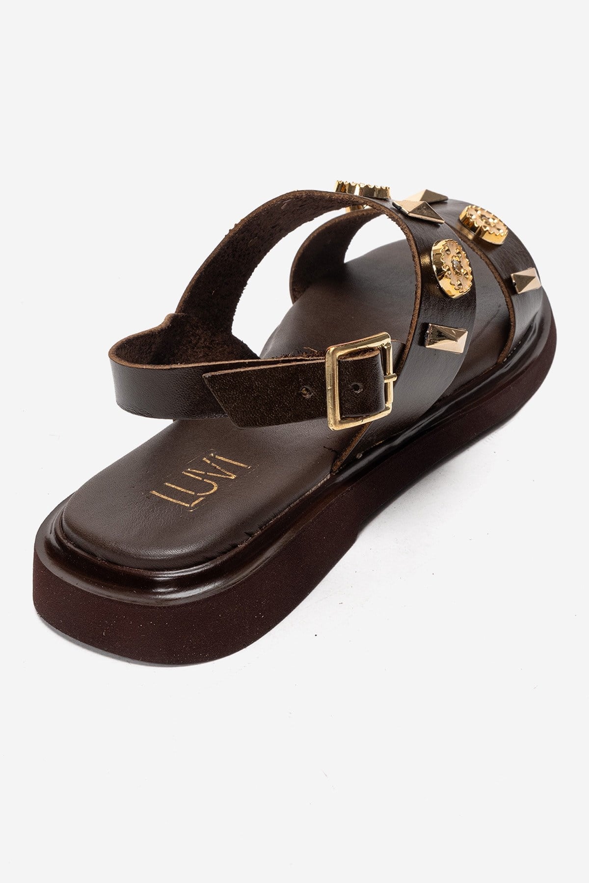 Libera - Brown Genuine Leather Sandal – back view showing leather, gold, Vowalisse
