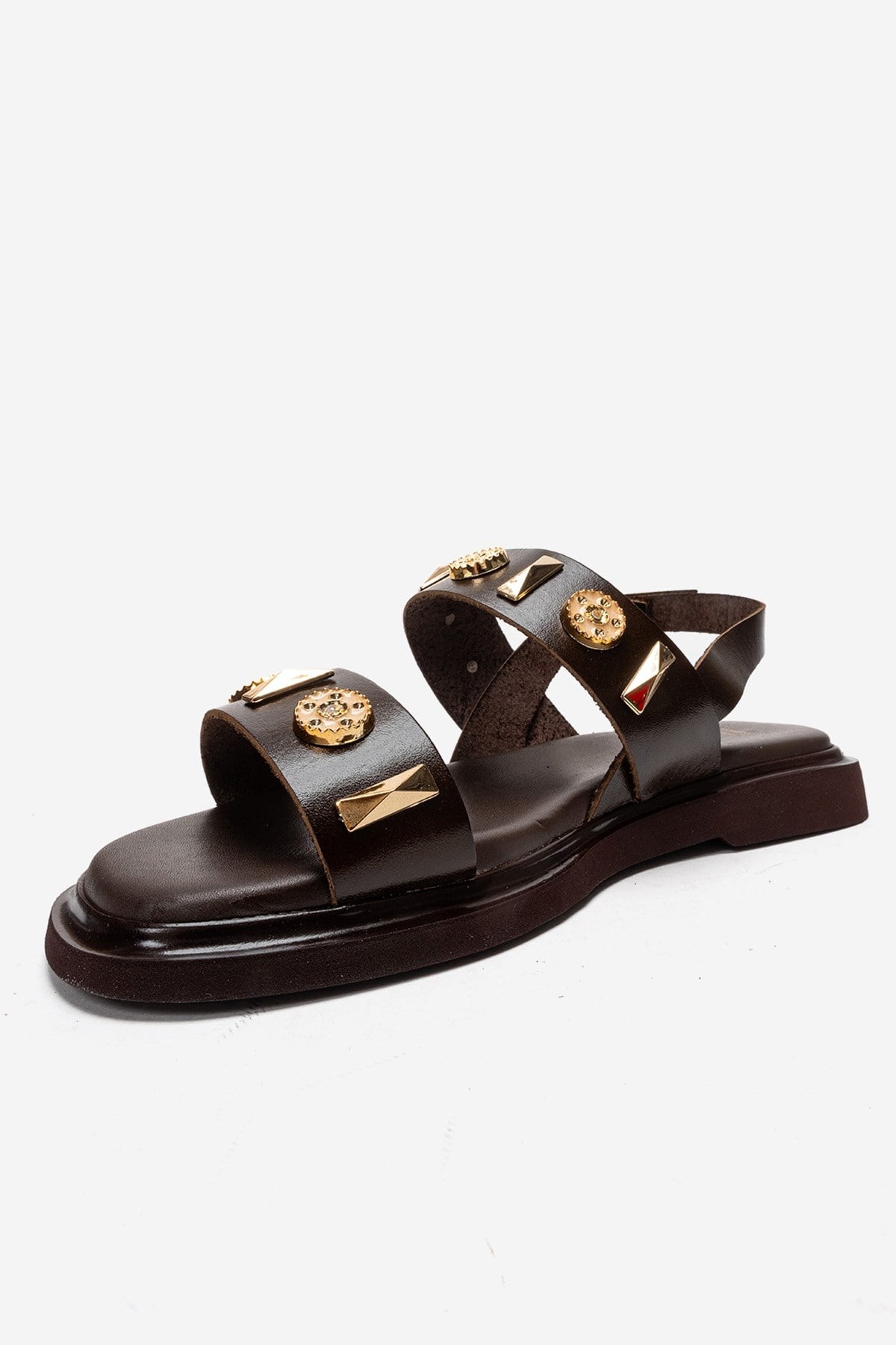 Libera - Brown Genuine Leather Sandal – top view showing leather, gold, Vowalisse