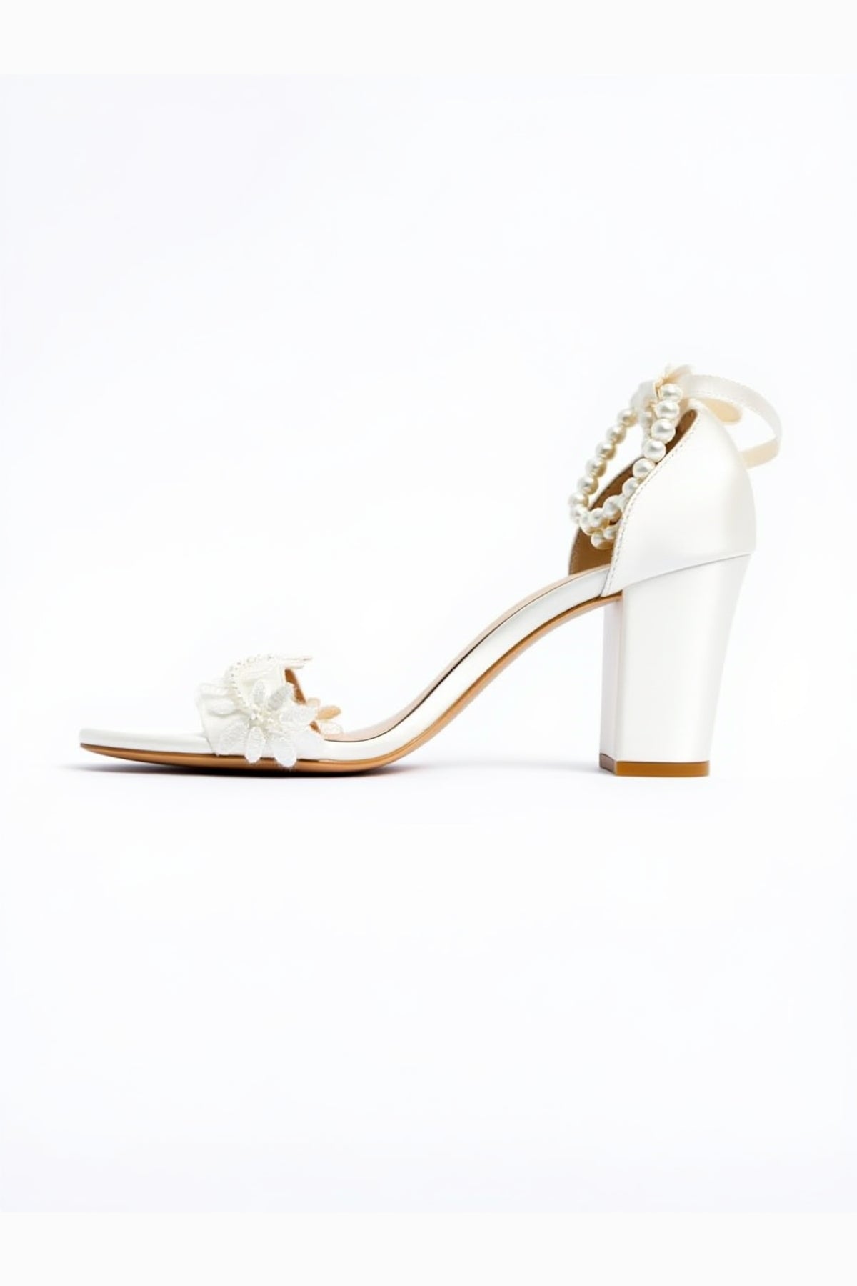 Elysia Pearl And Lace Wedding Heels – side view showing pearl, lace, red, Vowalisse