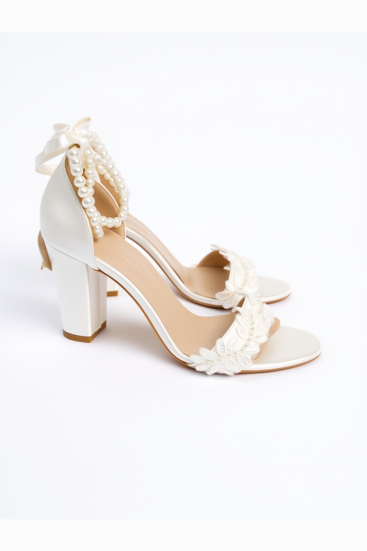 Elysia Pearl And Lace Wedding Heels – heel view showing pearl, lace, red, Vowalisse