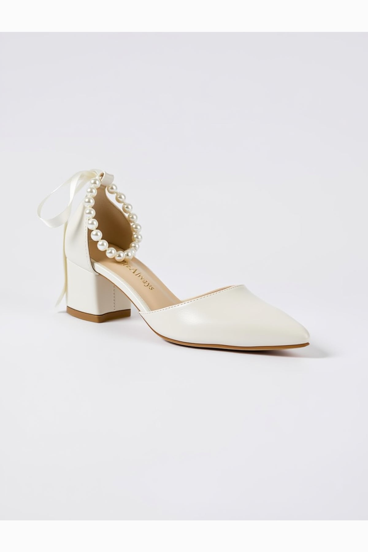 Evania Pointed-toe Block Heel Wedding Pump – front three-quarter view showing pearl, red, Vowalisse