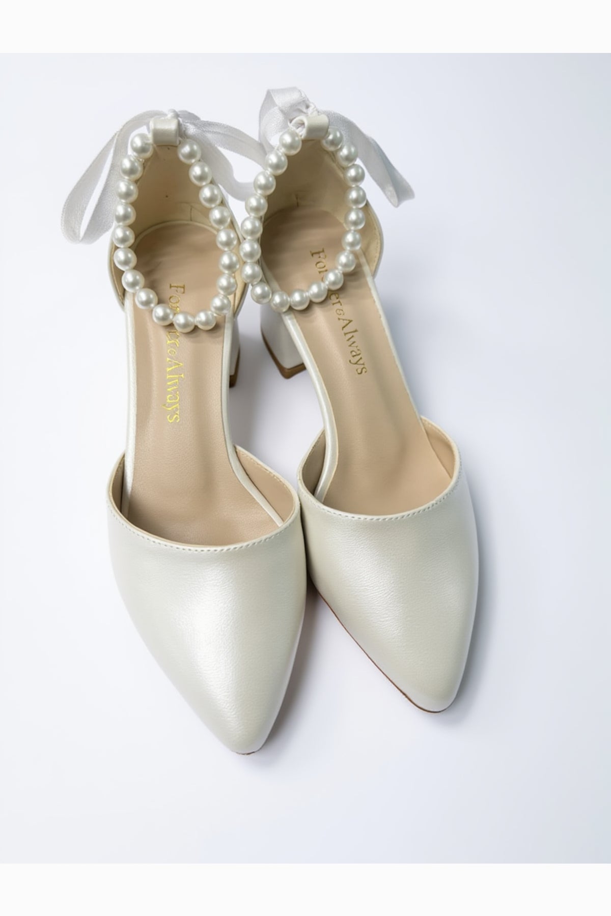 Evania Pointed-toe Block Heel Wedding Pump – top view showing pearl, red, Vowalisse