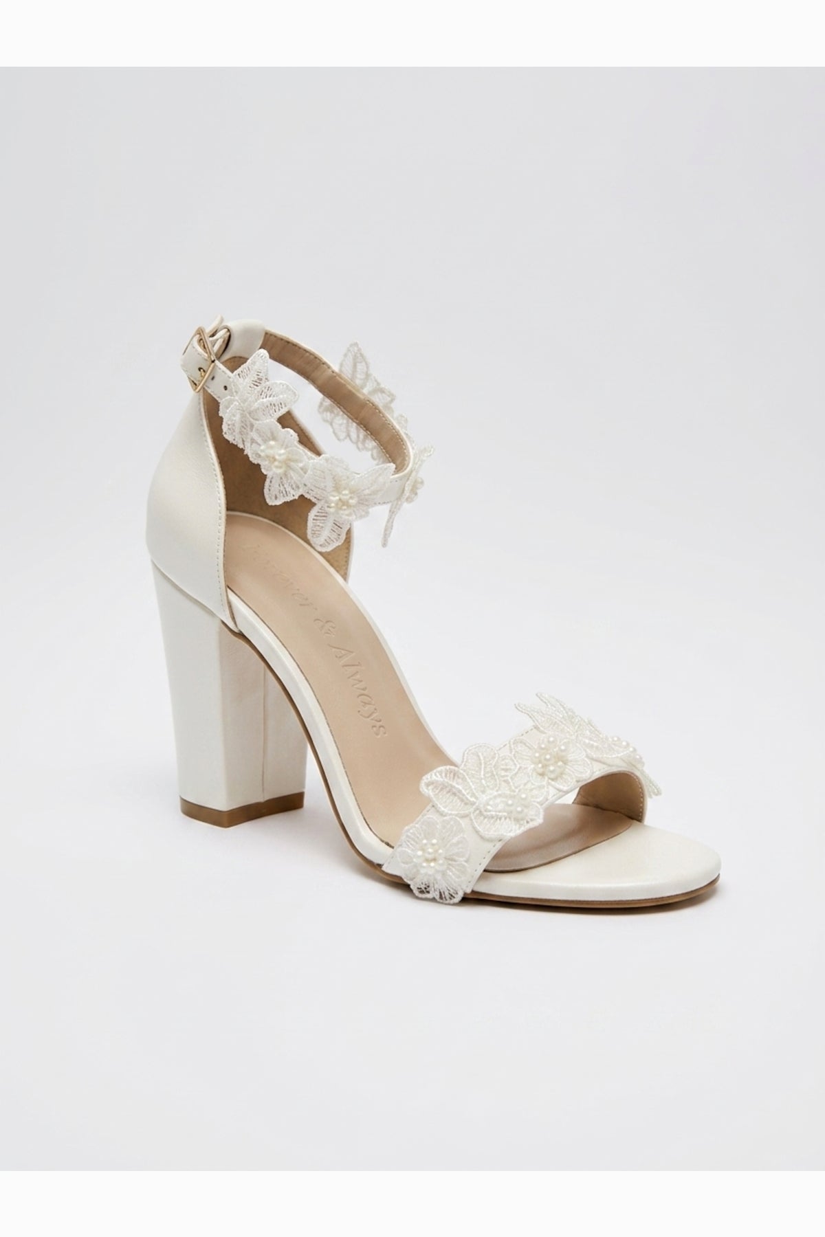 Florielle Lace Wedding Heels – front three-quarter view showing pearl, lace, Vowalisse