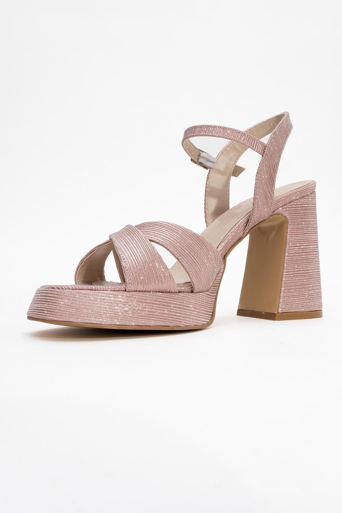 Lello - Pink Striped Platform Heel Shoe – heel view showing leather, pink, Vowalisse