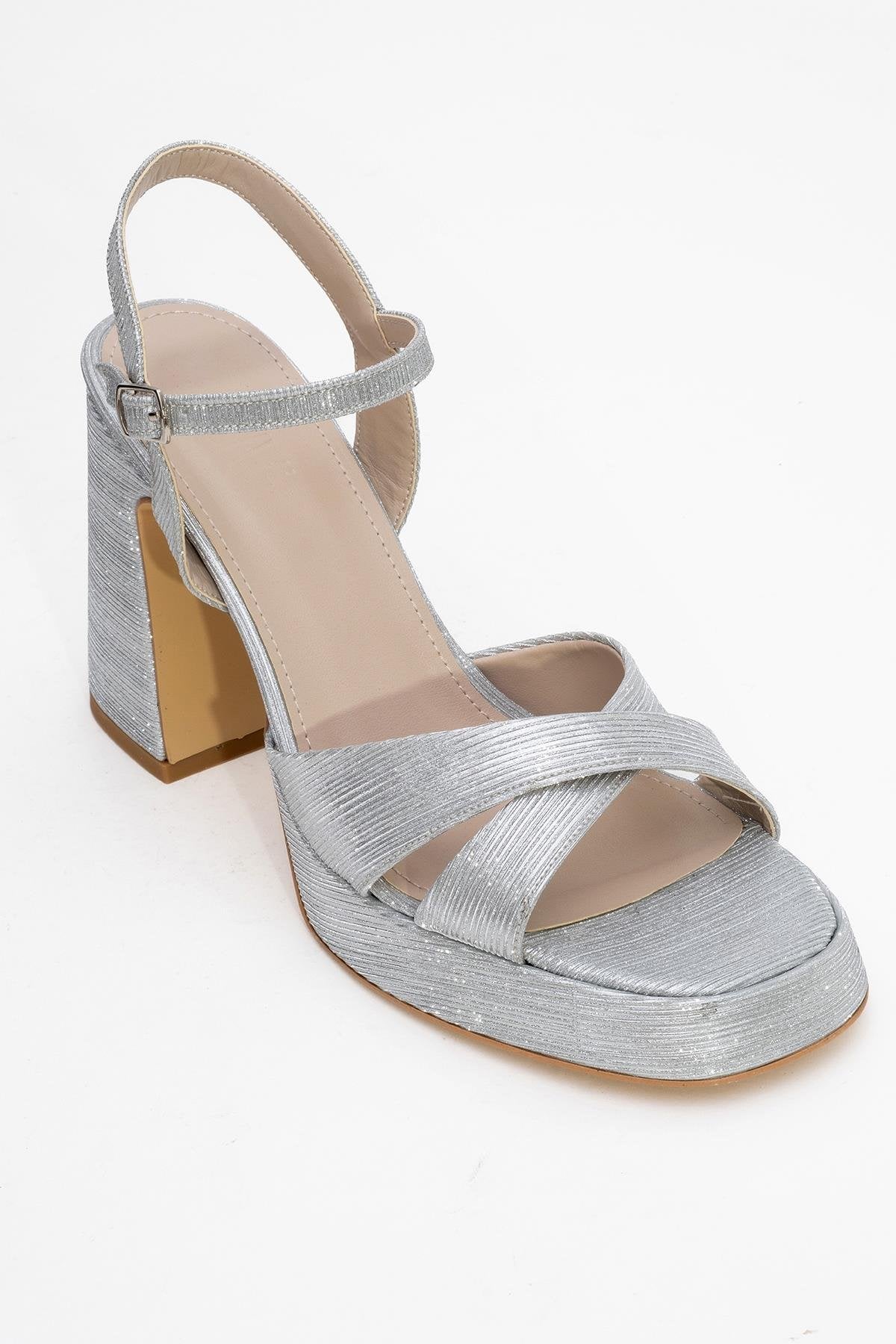 Lello - Silver Striped Platform Heel Shoe – detail view showing leather, silver, Vowalisse