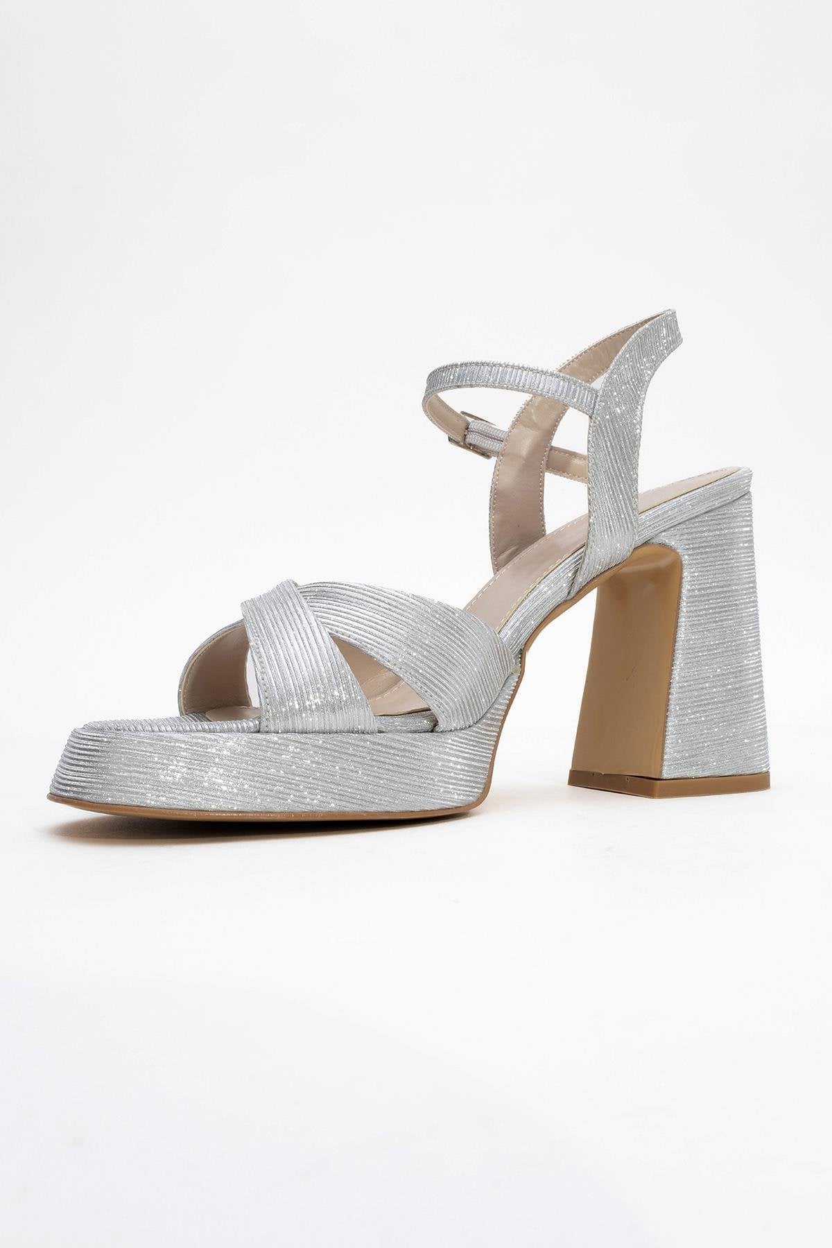 Lello - Silver Striped Platform Heel Shoe – heel view showing leather, silver, Vowalisse