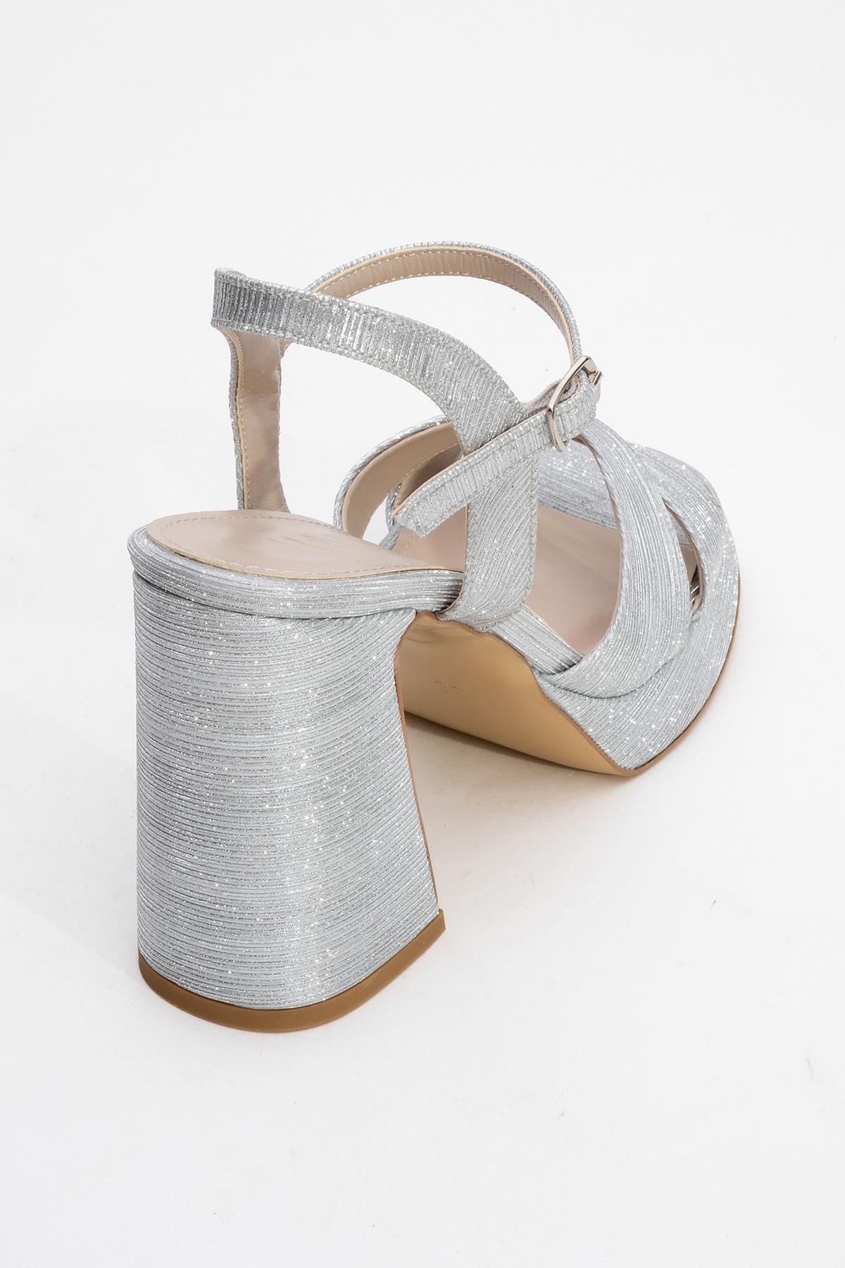 Lello - Silver Striped Platform Heel Shoe – back view showing leather, silver, Vowalisse
