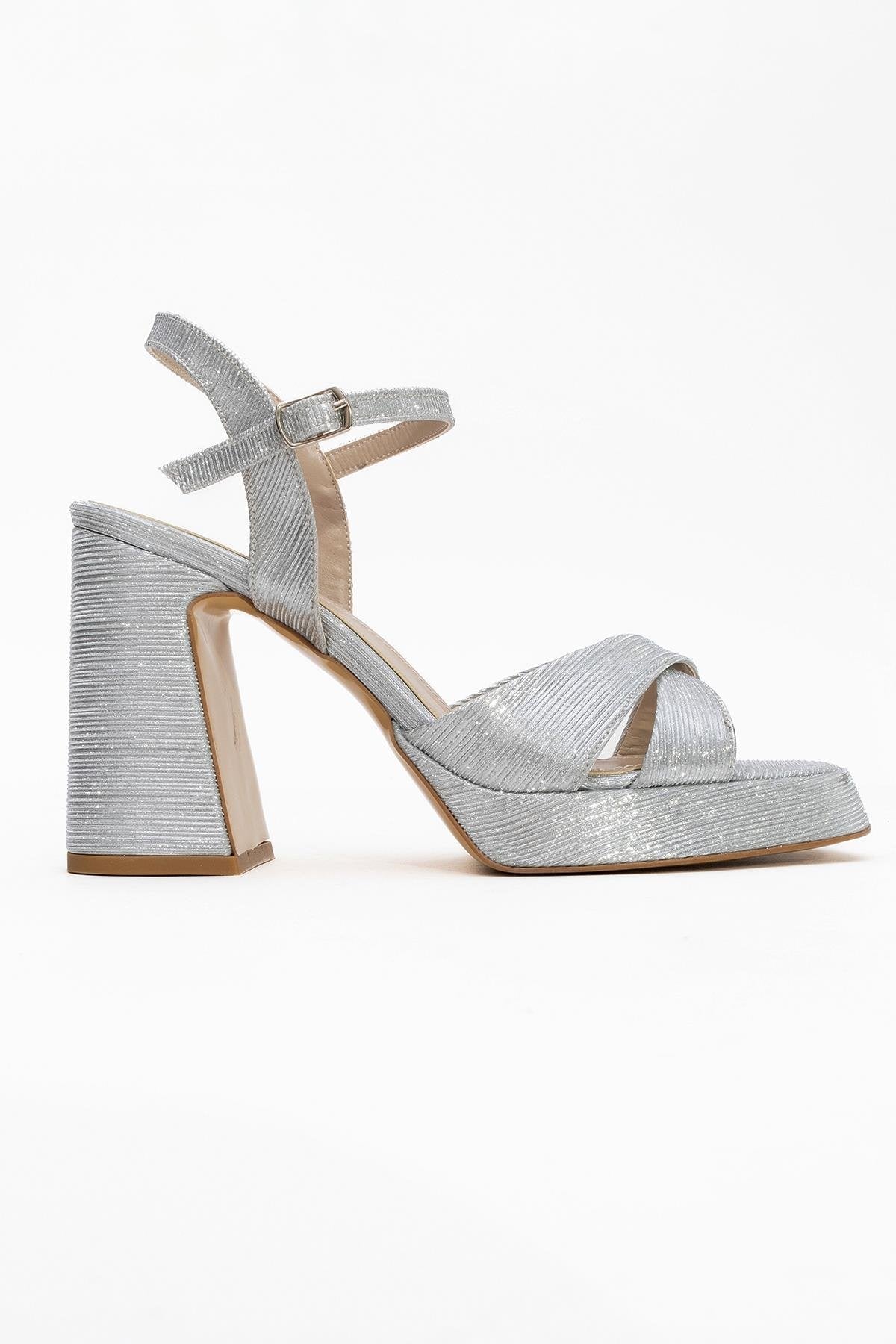 Lello - Silver Striped Platform Heel Shoe – top view showing leather, silver, Vowalisse