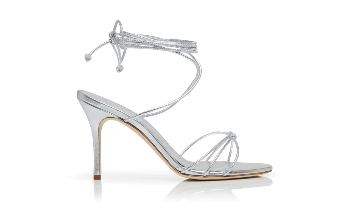Alessia Rose Silver Ankle Strap Ankle-Strap Shoes – side profile showing silver ankle strap, open toe, nappa leather, lace…