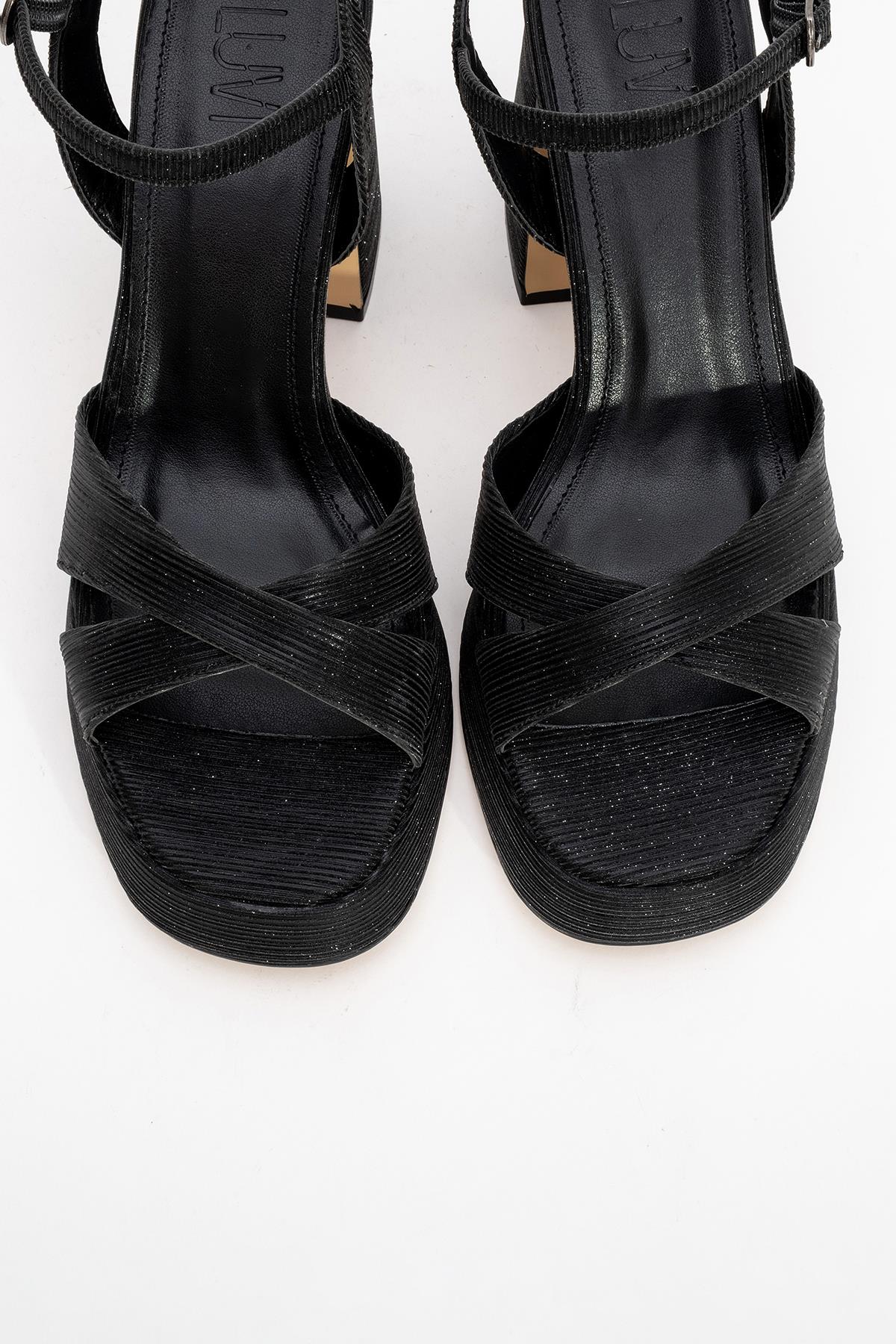 Lello - Black Striped Platform Heel Shoe – side view showing leather, black, Vowalisse