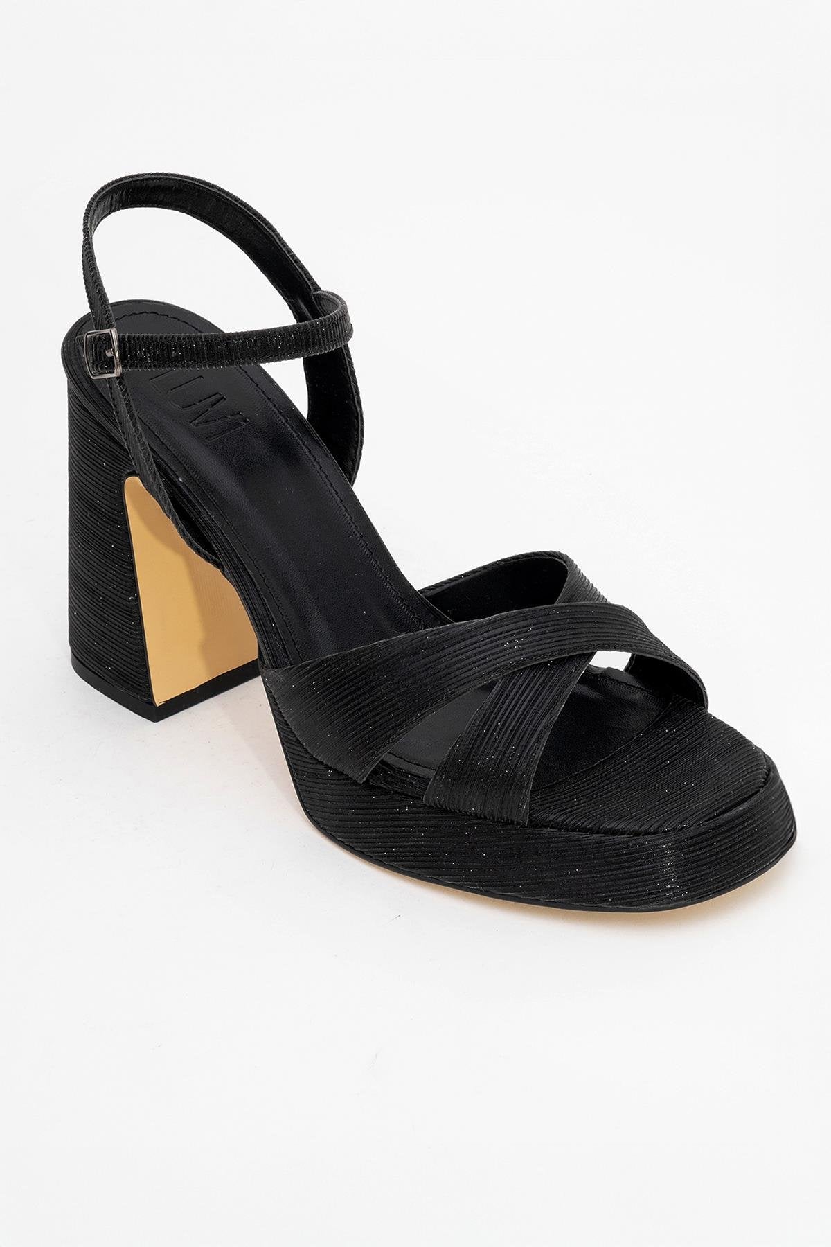 Lello - Black Striped Platform Heel Shoe – detail view showing leather, black, Vowalisse